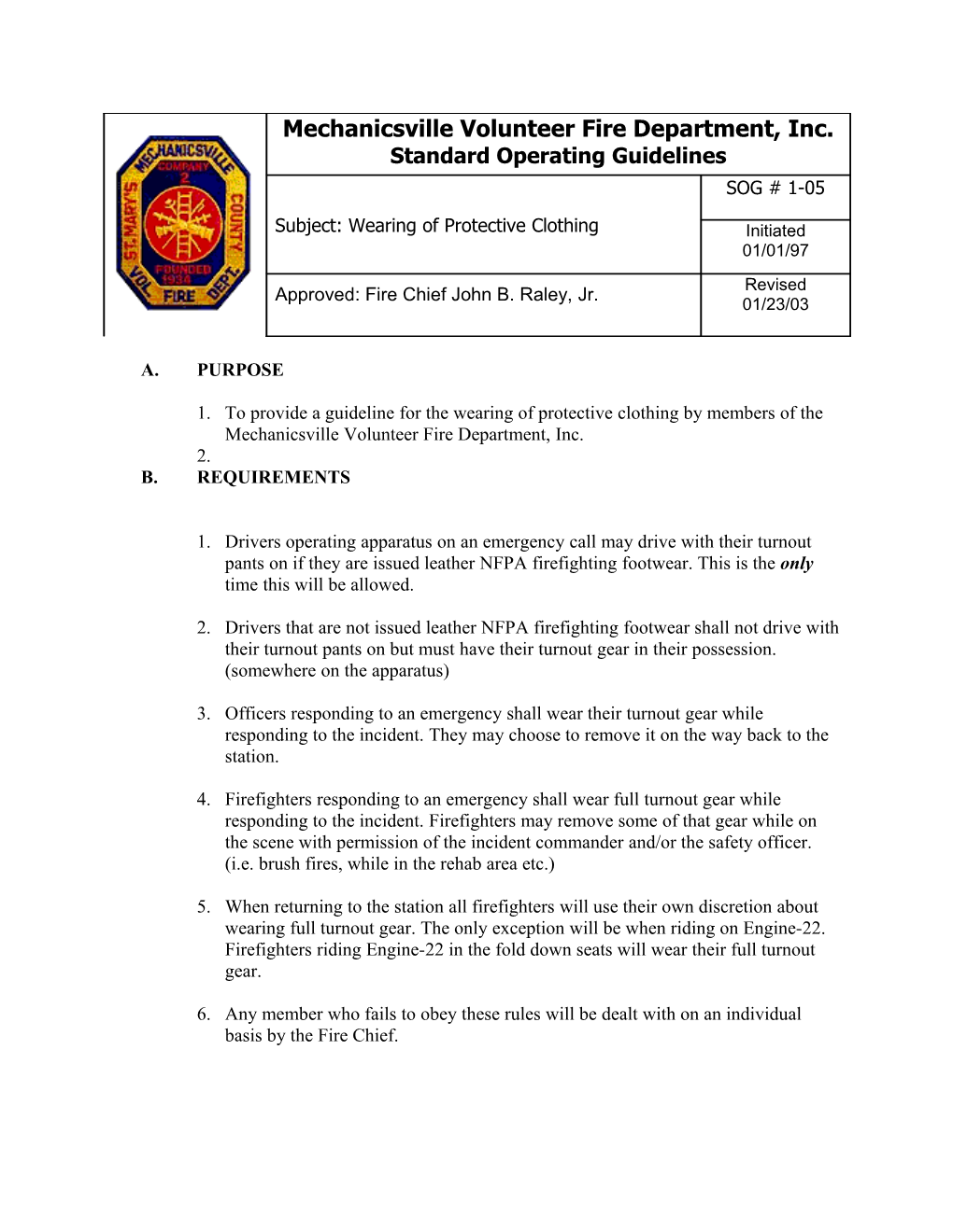 Mechanicsville Volunteer Fire Department, Inc. Standard Operating Guidelines