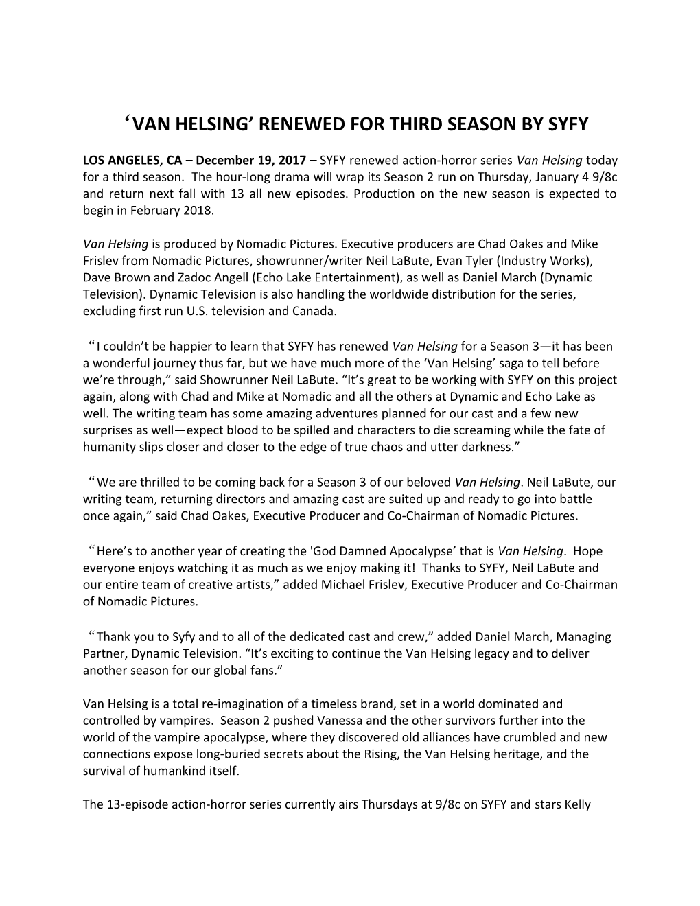 Van Helsing Renewed for Third Season by Syfy