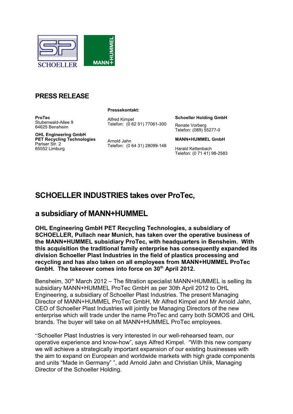 SCHOELLER INDUSTRIES Takes Over Protec, a Subsidiary of MANN+HUMMEL