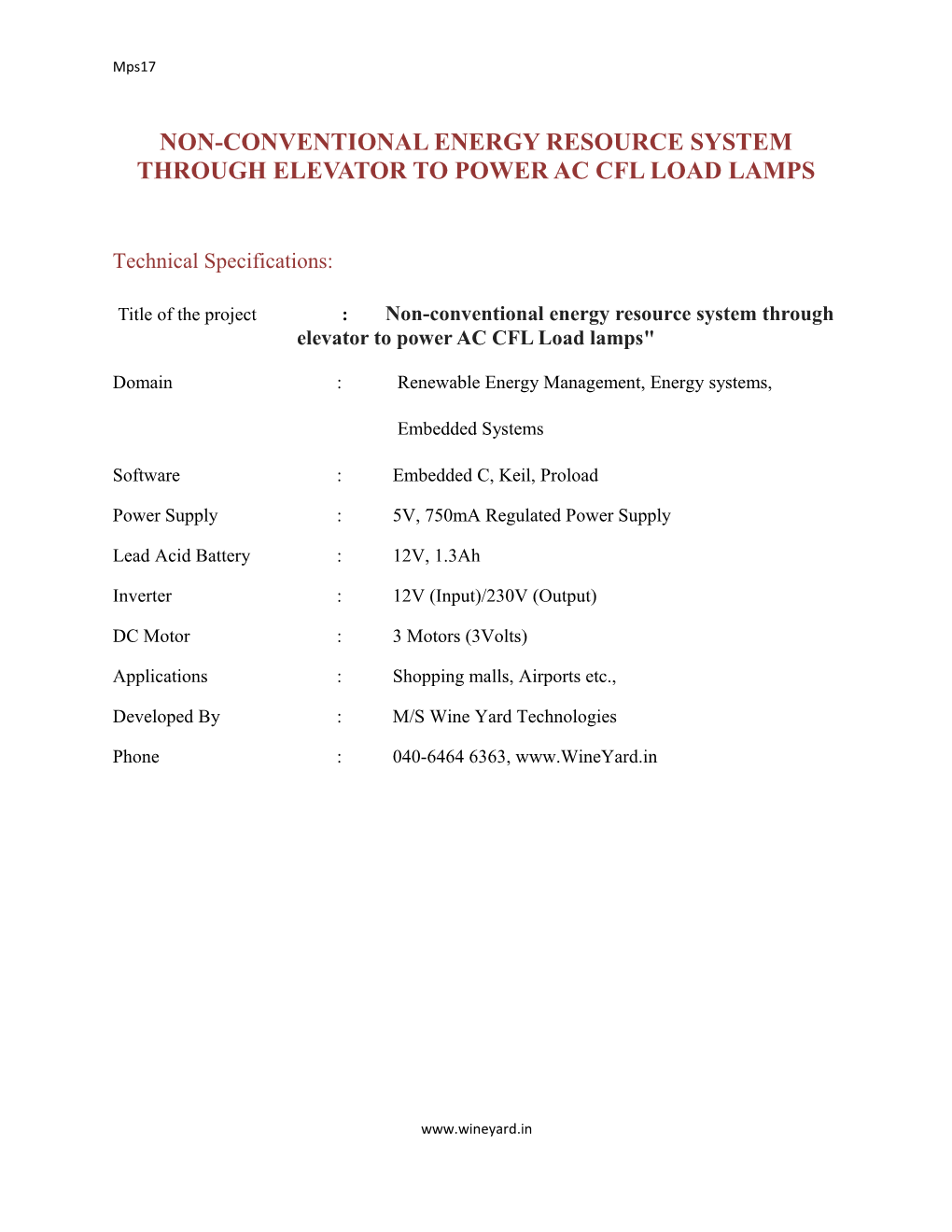 Non-Conventional Energy Resource System Through Elevator to Power Ac Cfl Load Lamps