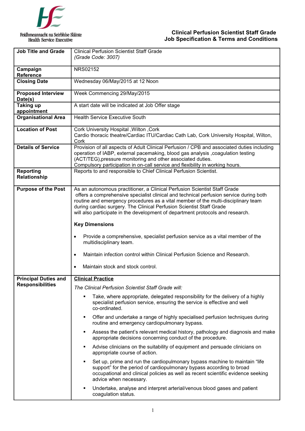 Clinical Perfusion Scientist Staff Grade