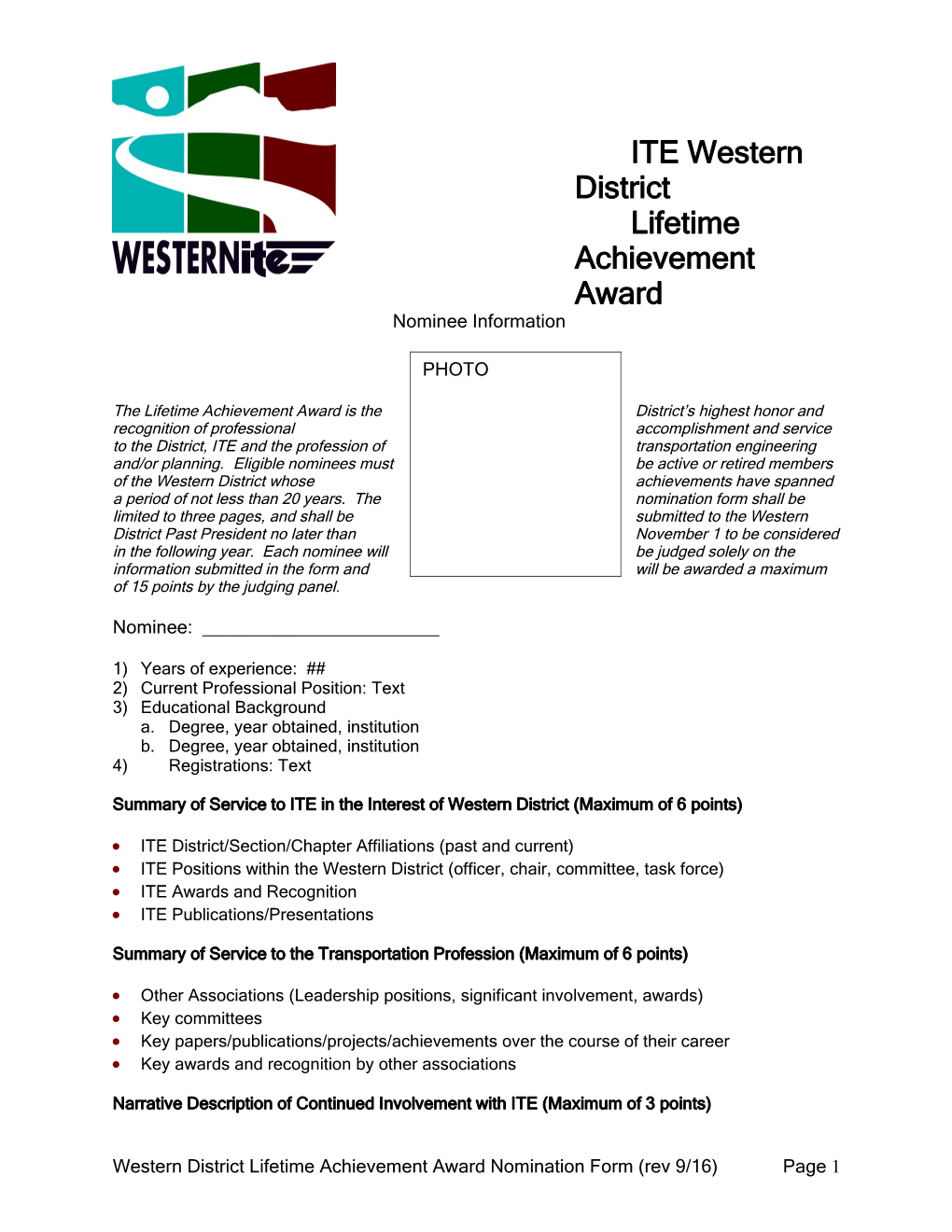 ITE District 6 Lifetime Achievement Award
