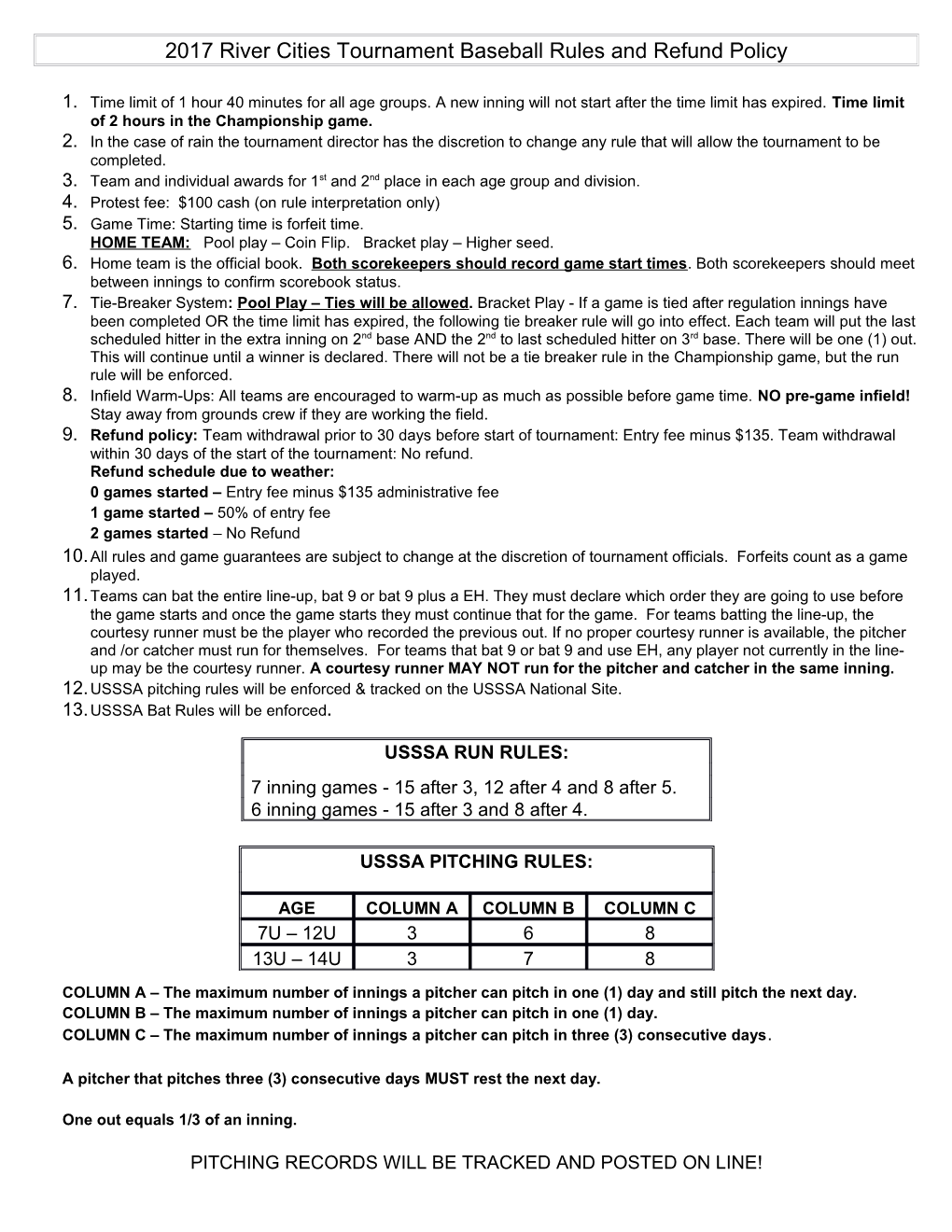 2017 River Cities Tournament Baseball Rules and Refund Policy