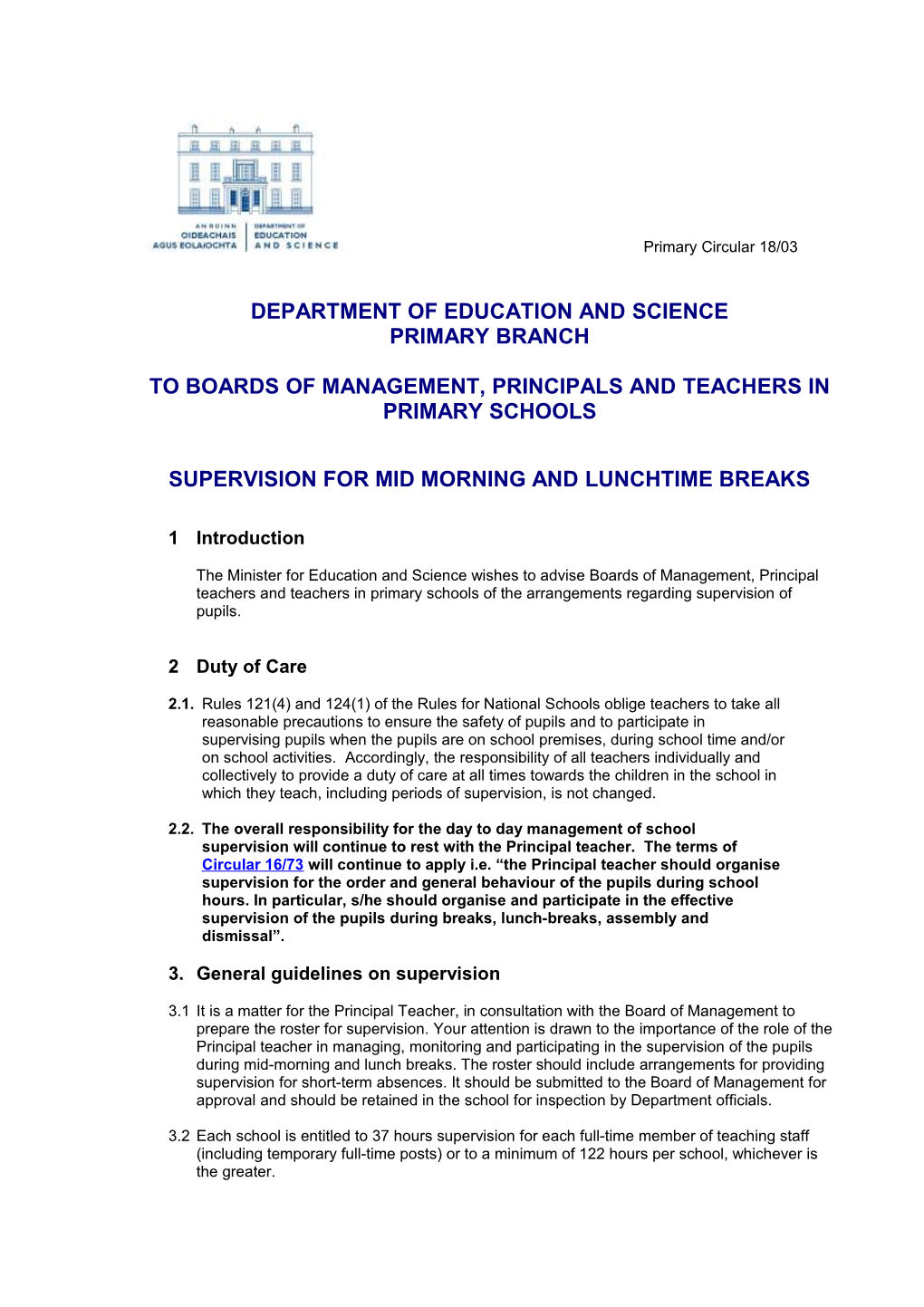 Primary Circular 18/03 - Supervision for Mid Morning and Lunchtime Breaks (File Format