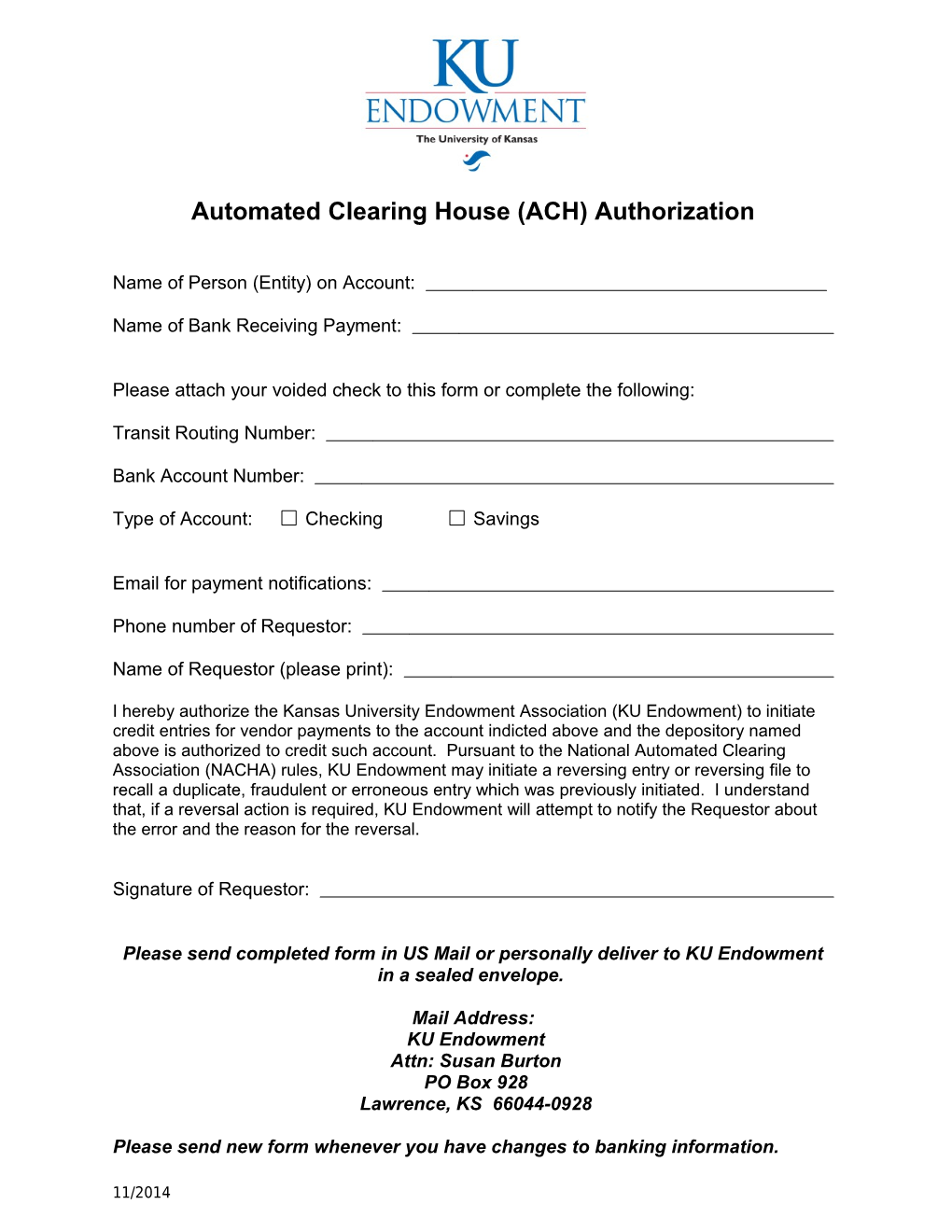 Automated Clearing House (ACH) Authorization
