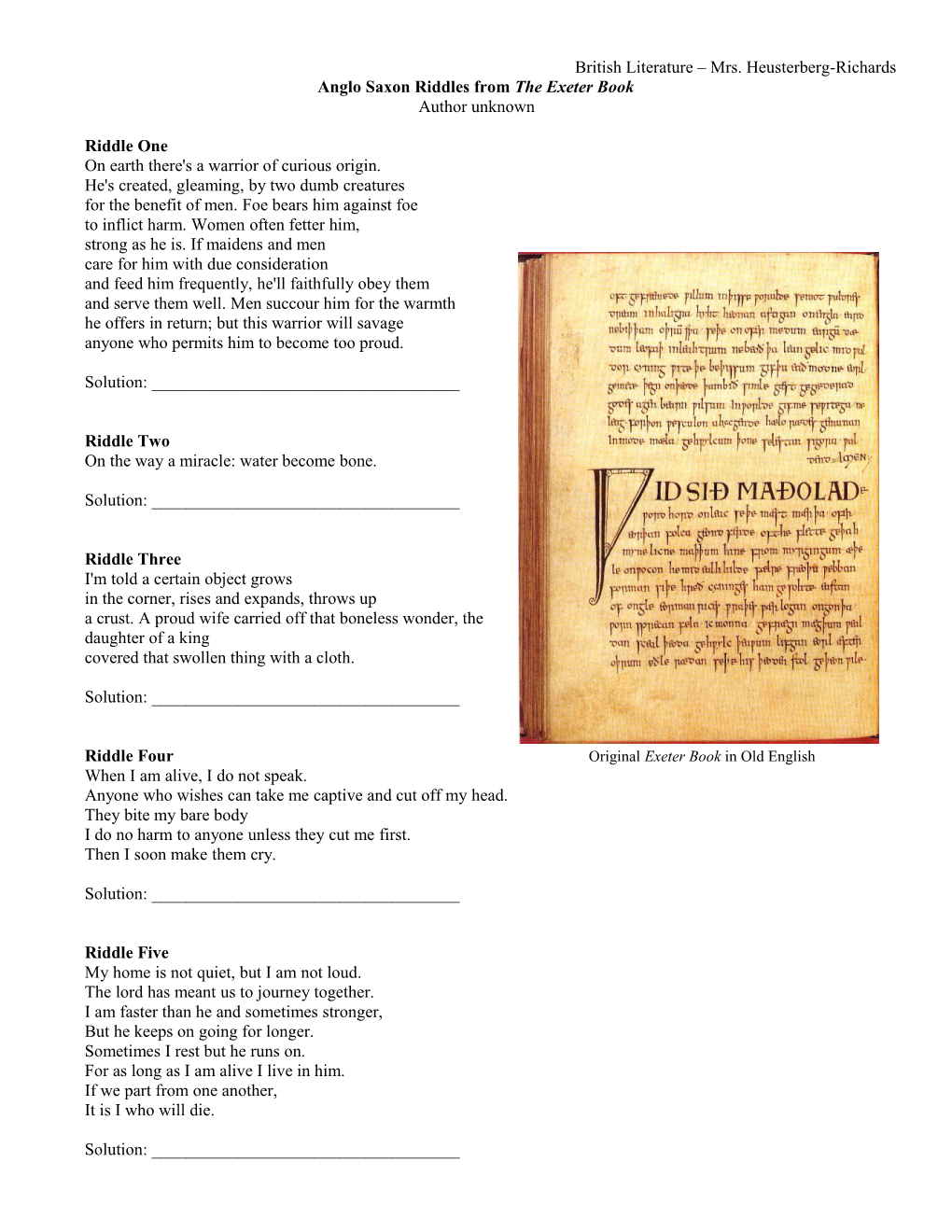 Anglo Saxon Riddles from the Exeter Book