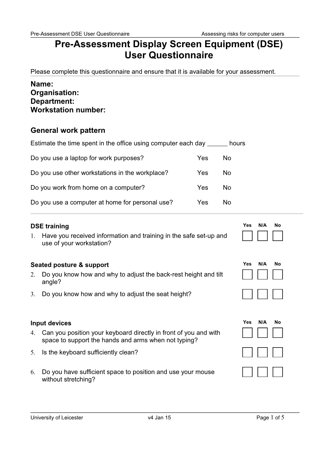 Pre-Assessment Display Screen Equipment (DSE)