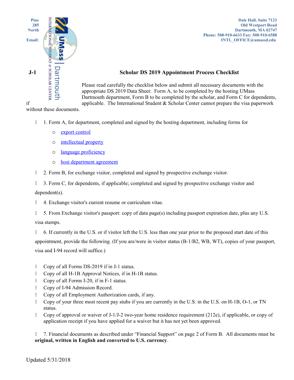 J-1 Scholar DS 2019 Appointment Process Checklist