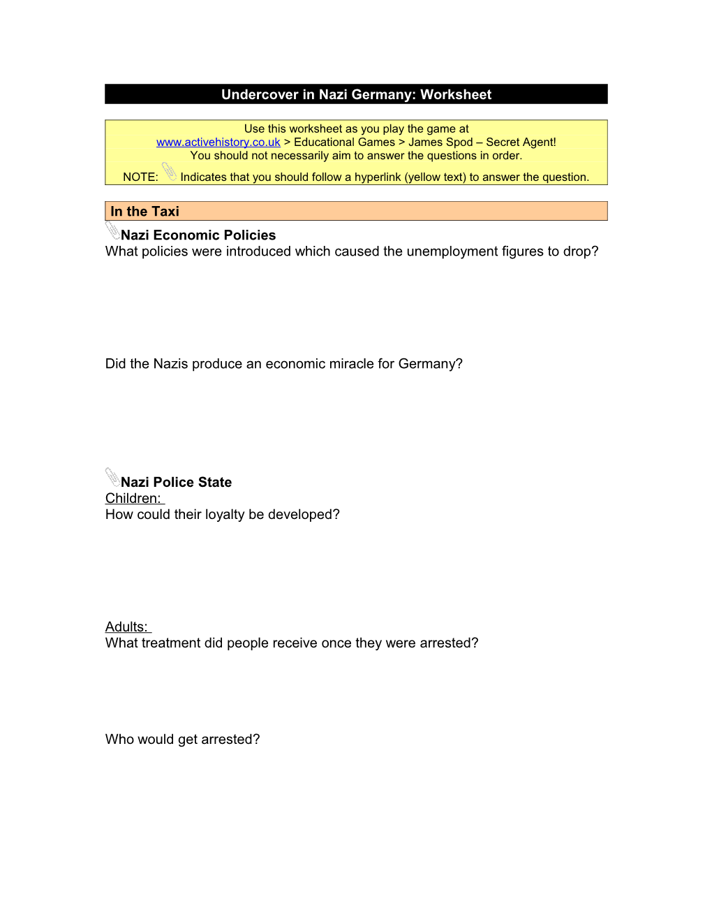 Undercover in Nazi Germany: Worksheet