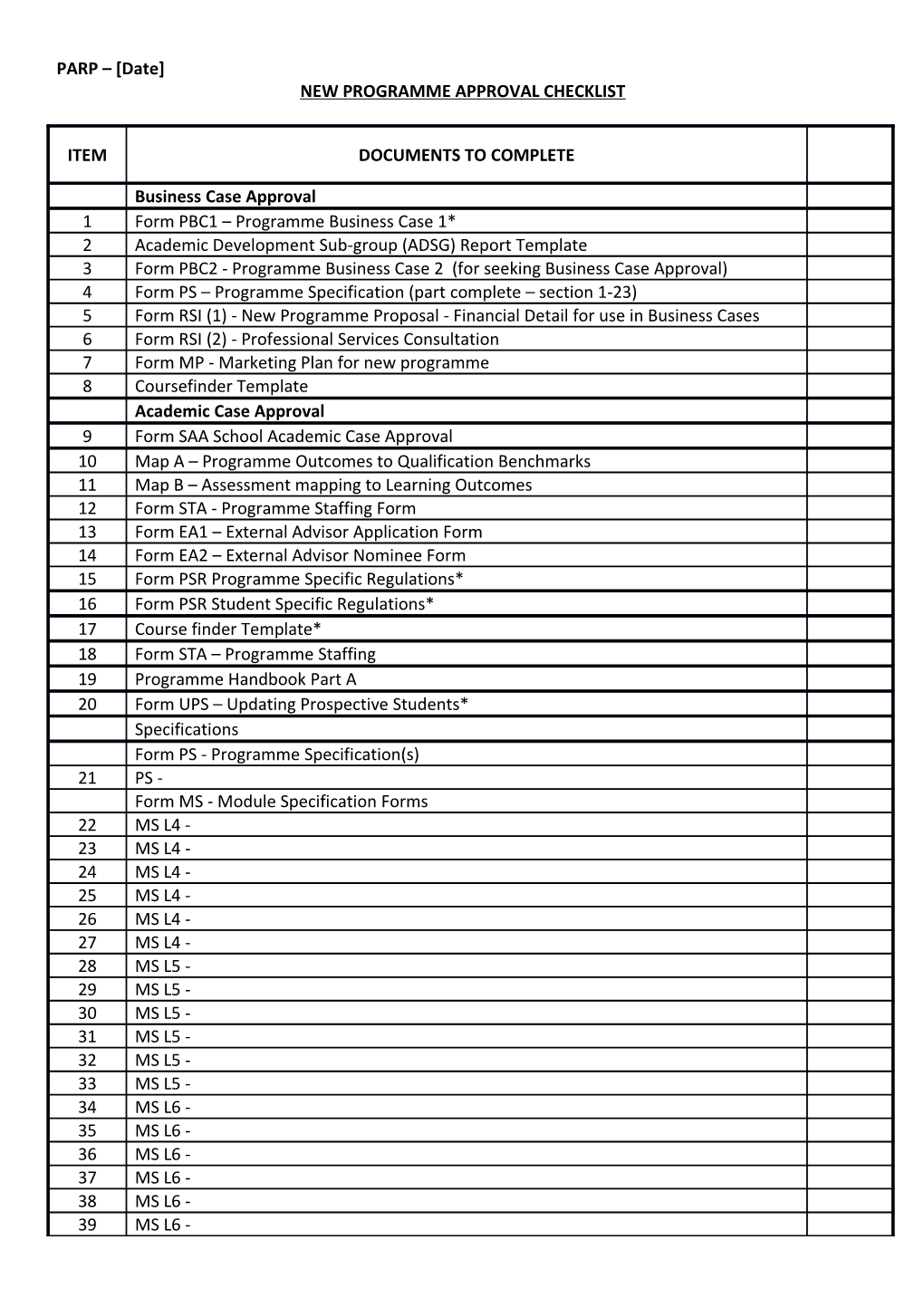 New Programme Approval Checklist