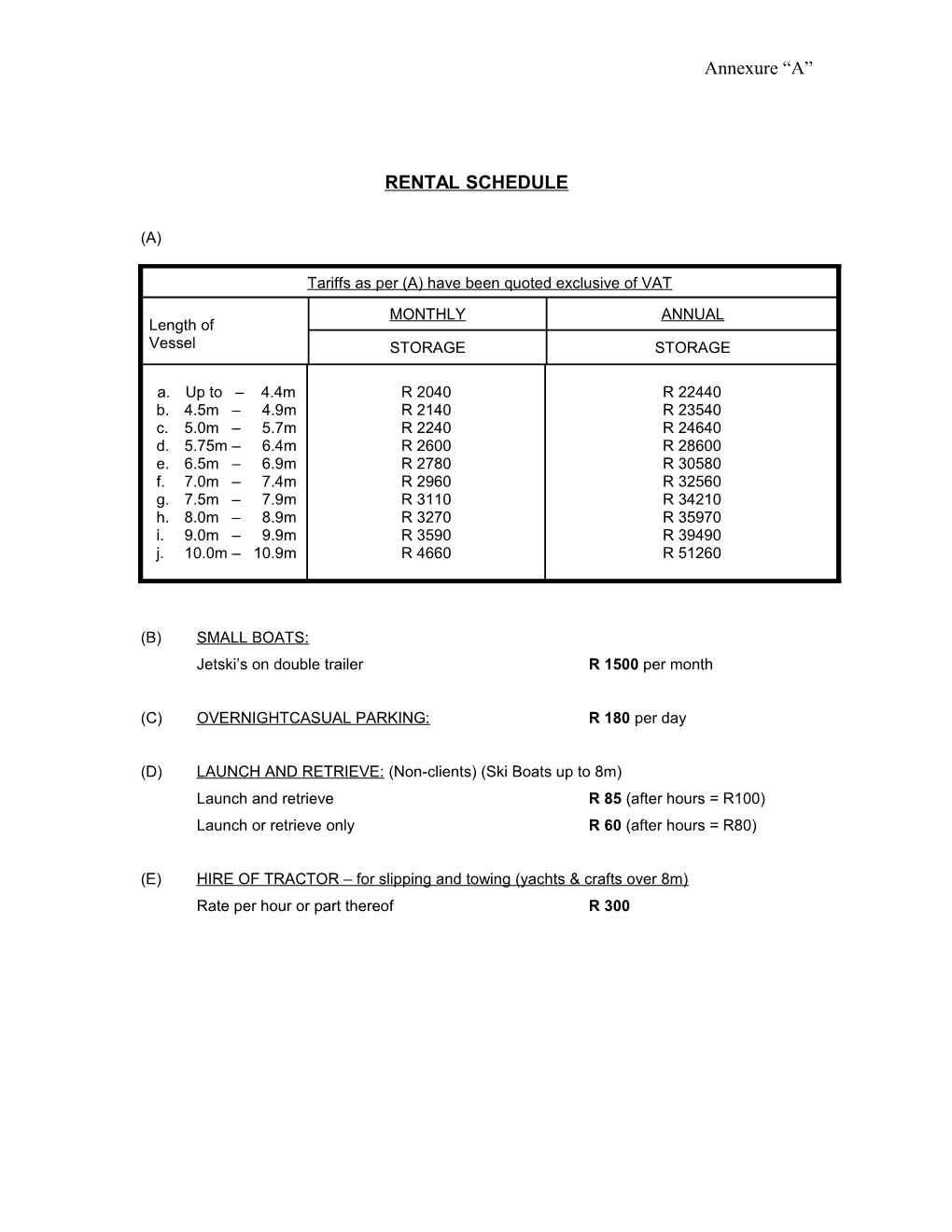 Tariffs As Per (A) Have Been Quoted Exclusive of VAT