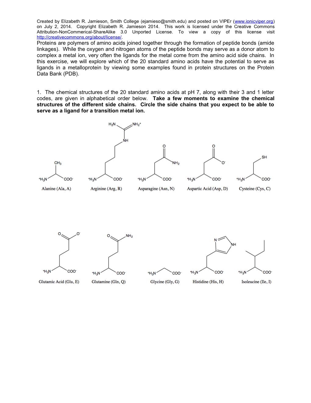 1. the Chemical Structures of the 20 Standard Amino Acids at Ph 7, Along with Their 3 And