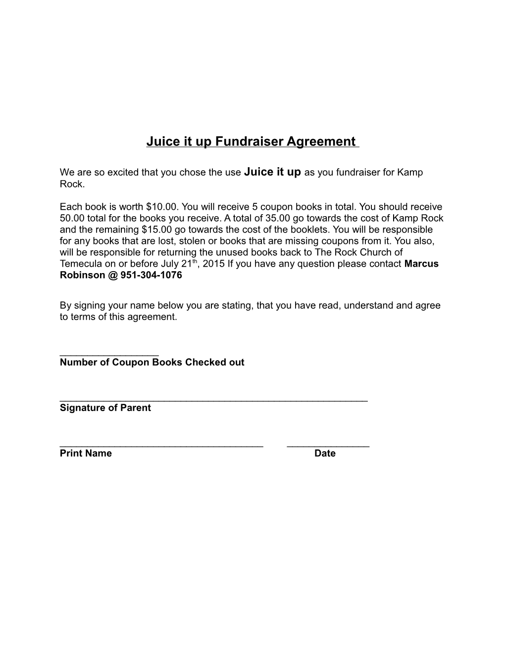 Juice It up Fundraiser Agreement