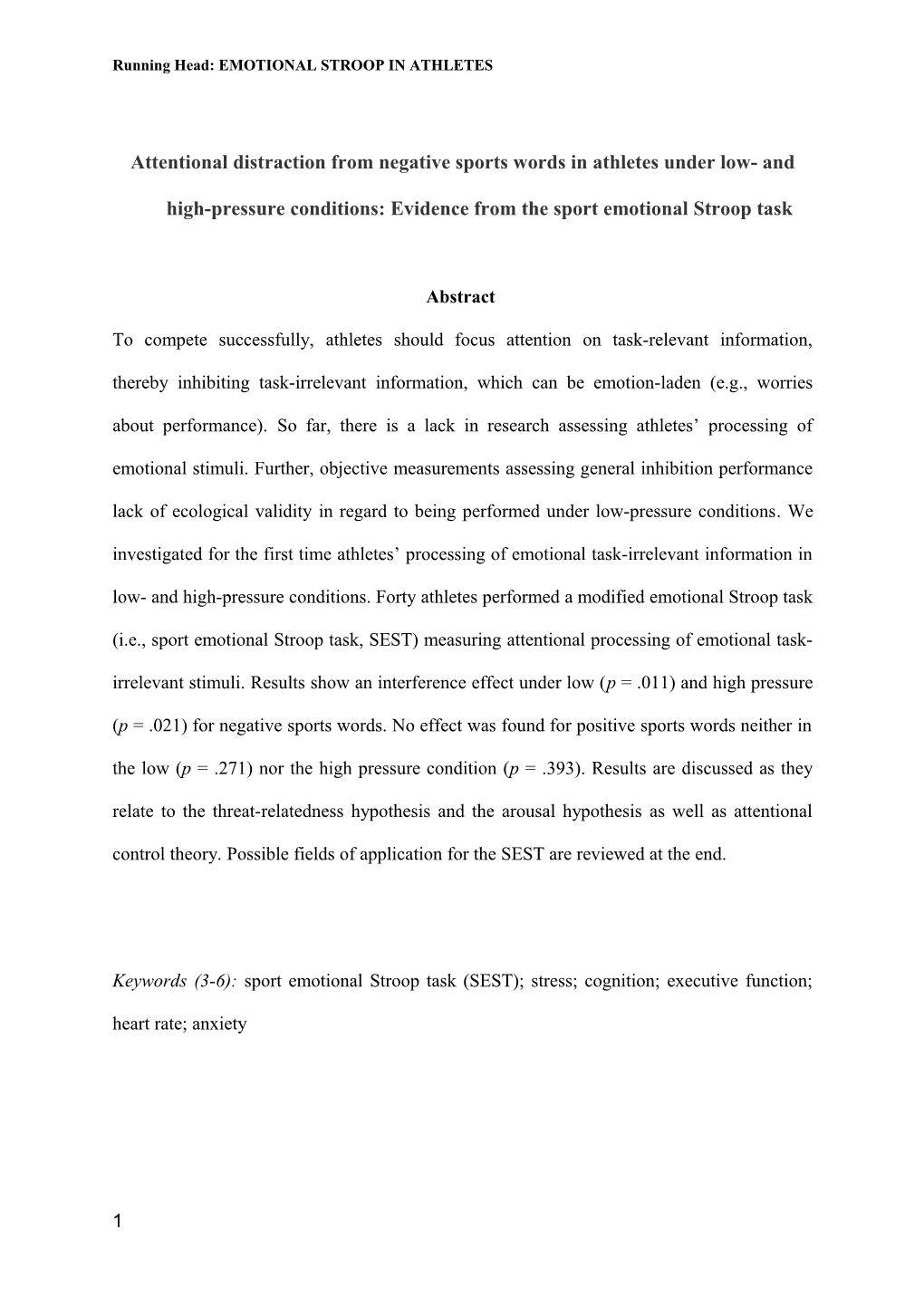 Running Head: EMOTIONAL STROOP in ATHLETES