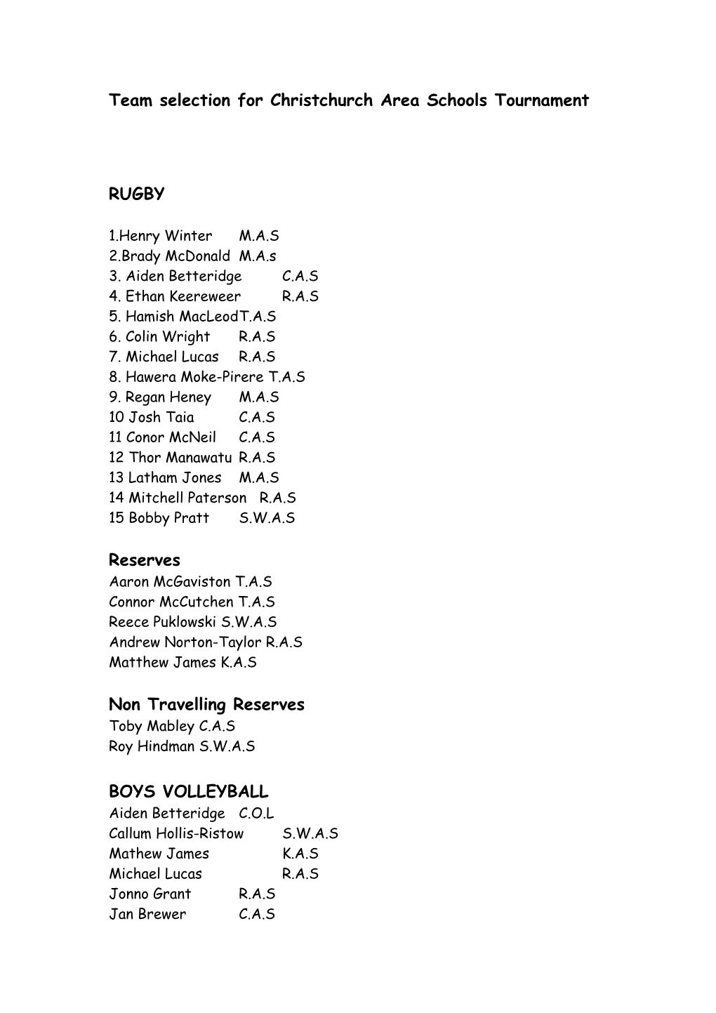 Team Selection for Christchurch Area Schools Tournament