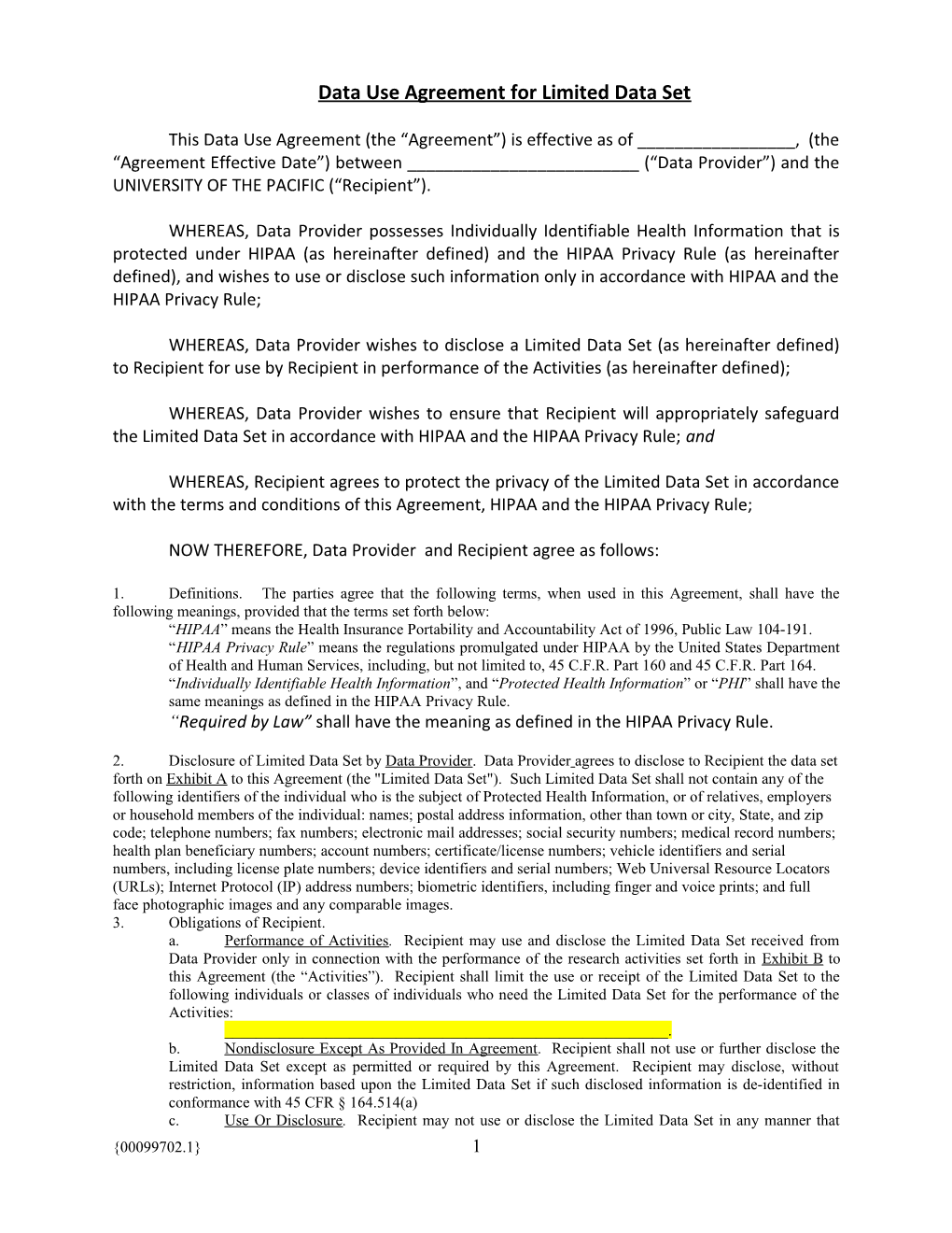 Data Use Agreement for Limited Data Set