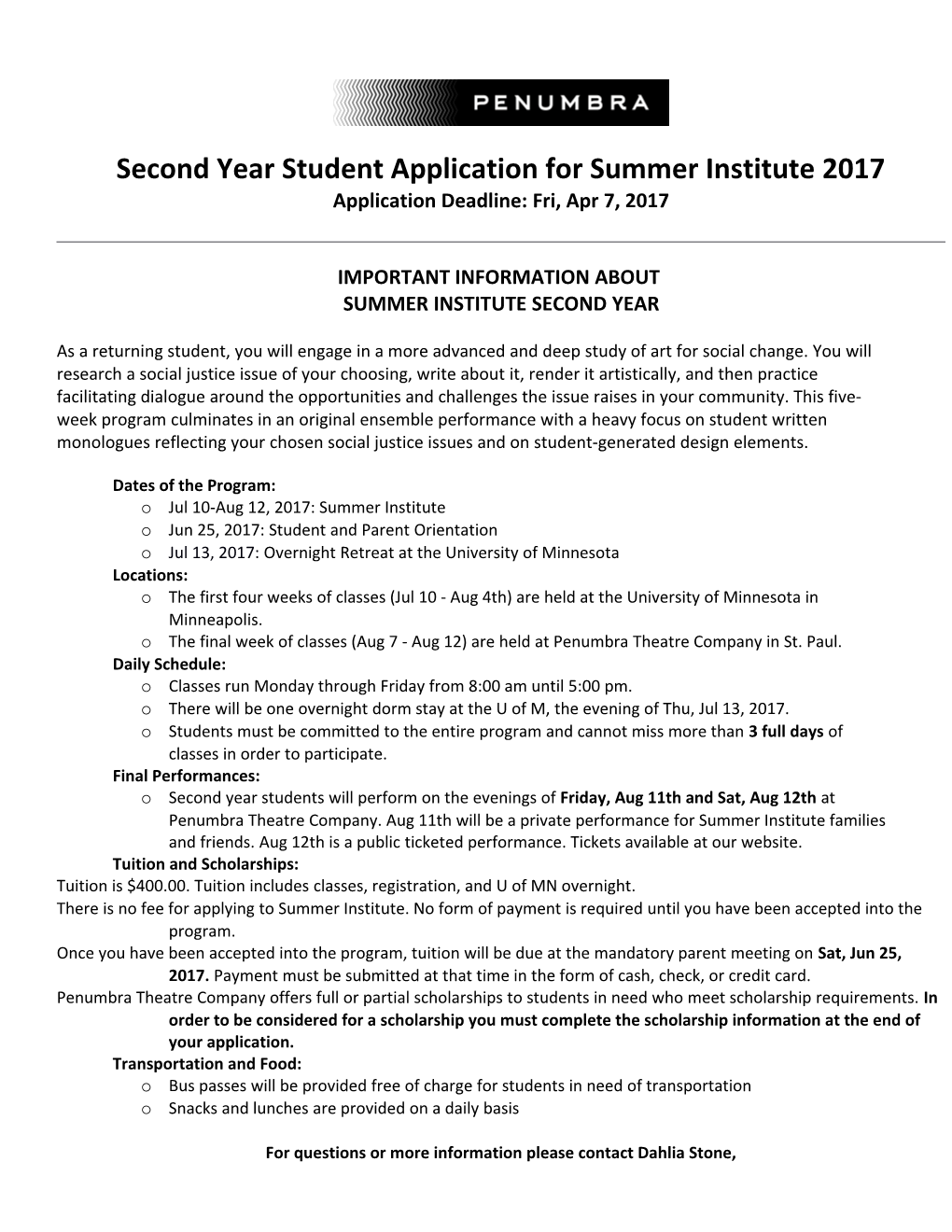 Second Year Student Application for Summer Institute 2017