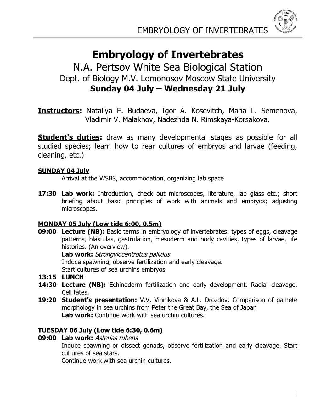 Embryology of Invertebrates