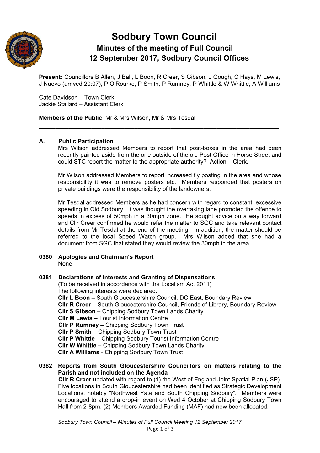 Minutes of the Meeting of Full Council