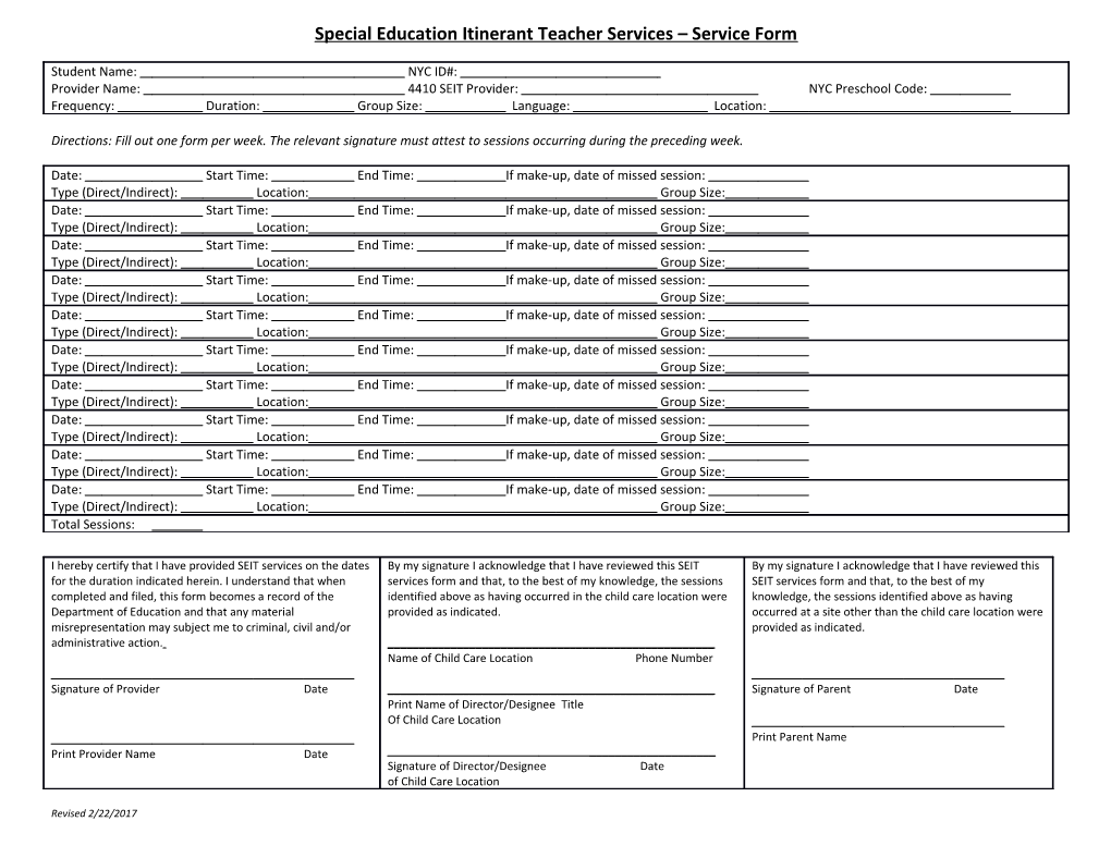 Special Education Itinerant Teacher Services Service Form