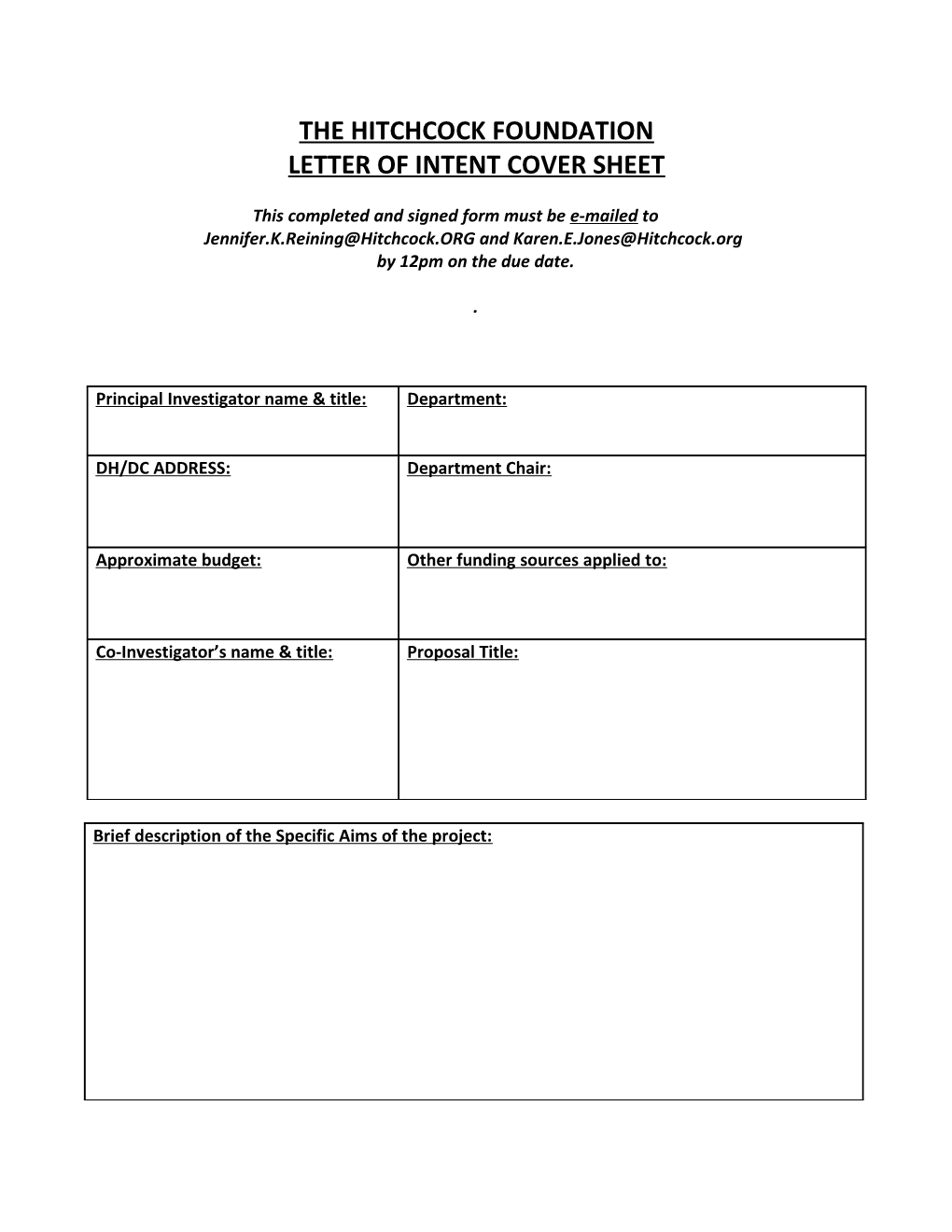 The Hitchcock Foundation: Letter of Intent Cover Sheet