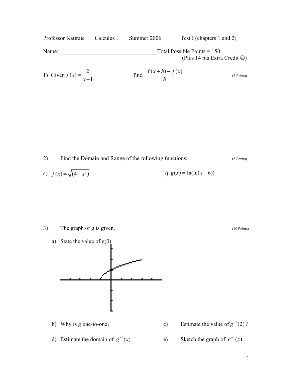 Calculus I; Quiz One s1