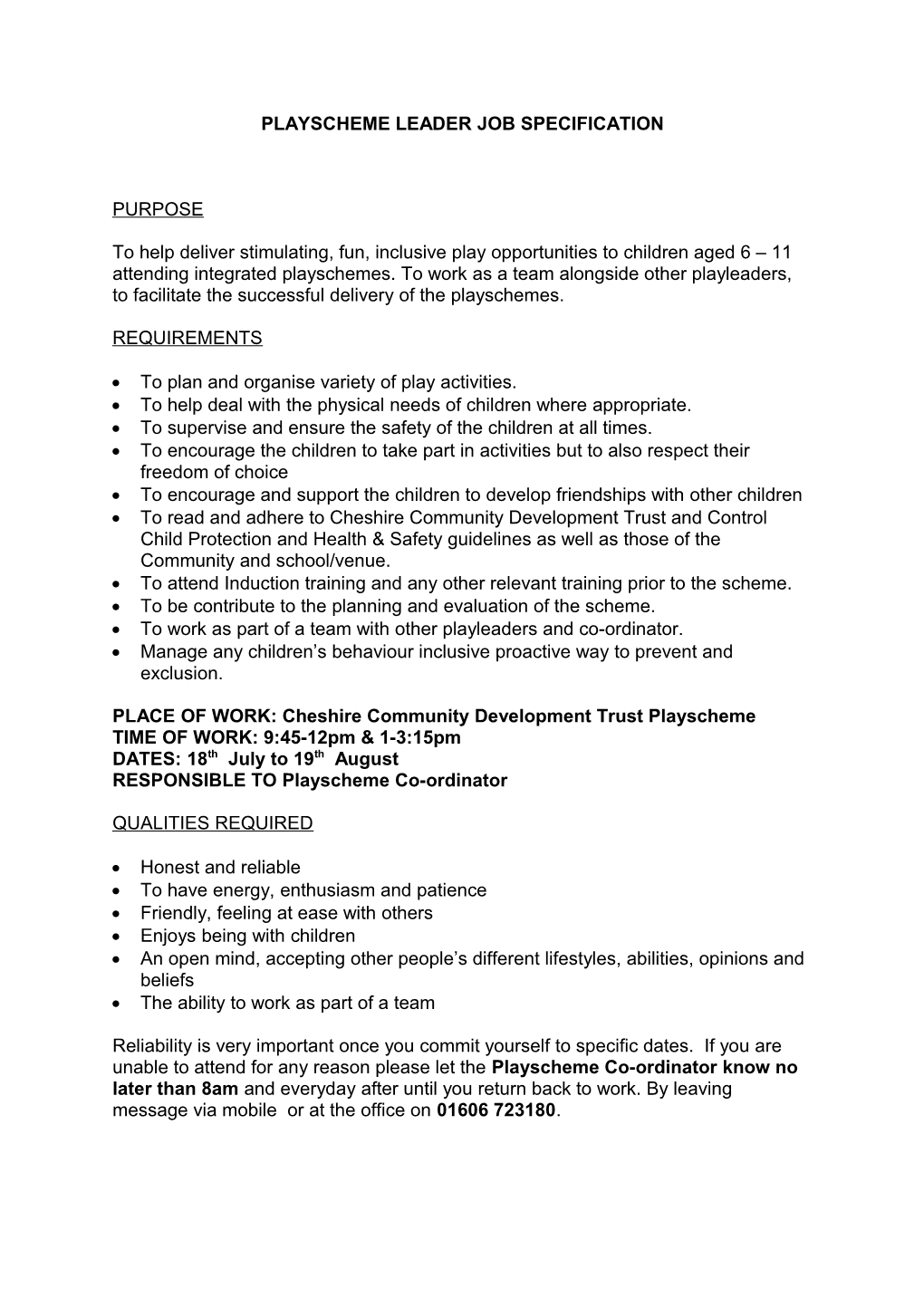 Playscheme Leader Job Specification