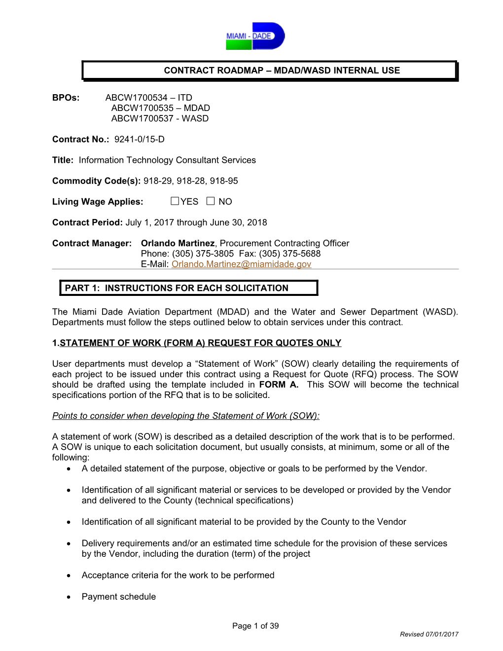 Contract Roadmap Mdad/Wasd Internal Use