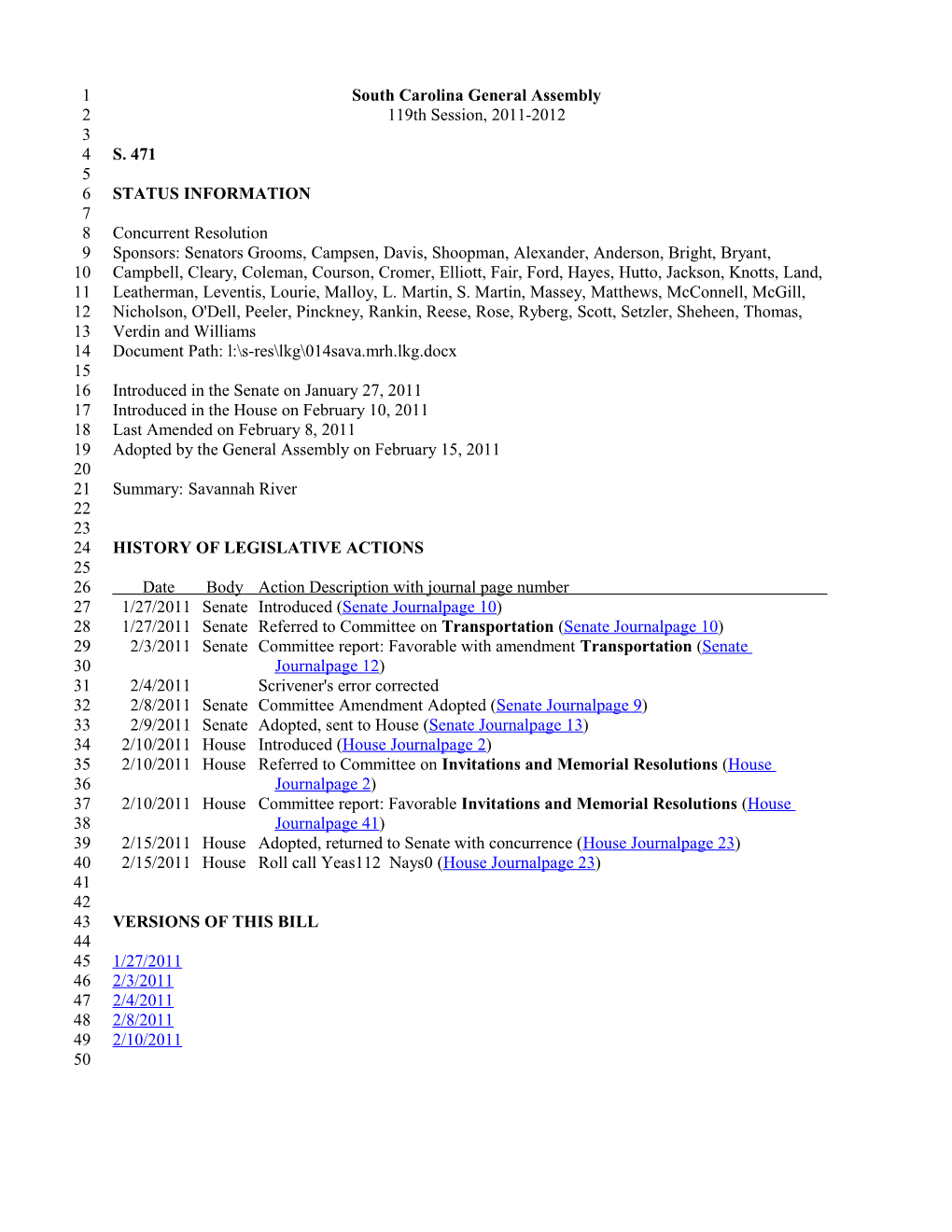 2011-2012 Bill 471: Savannah River - South Carolina Legislature Online