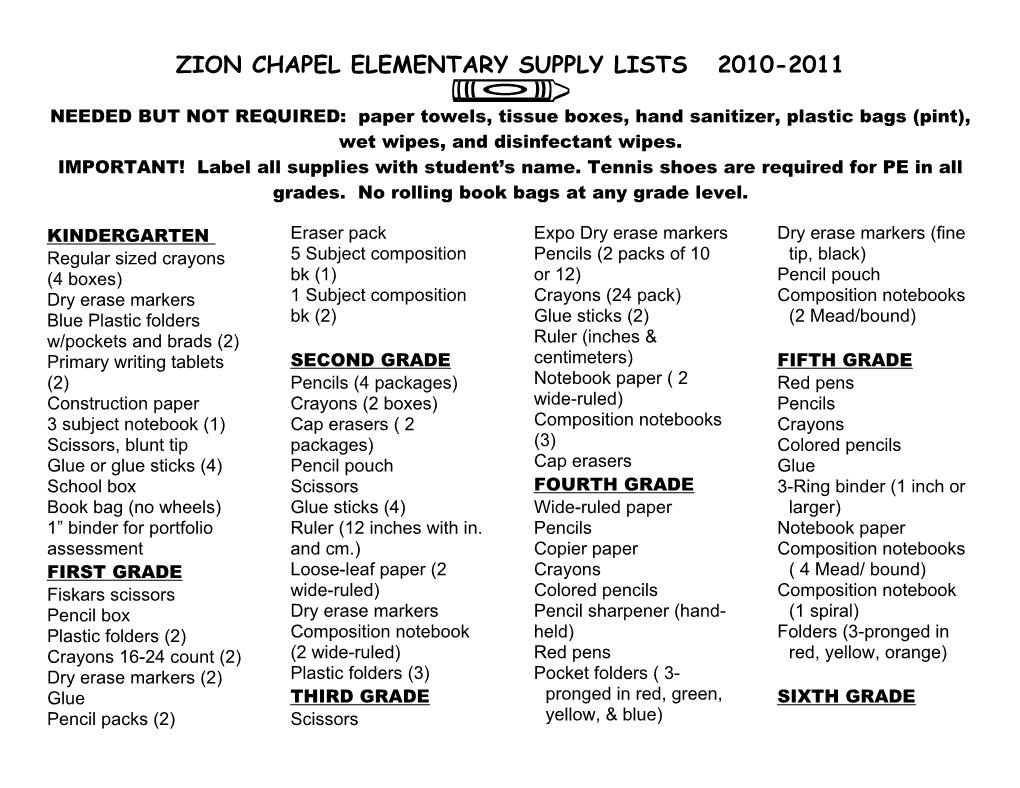 Zion Chapel Supply Lists