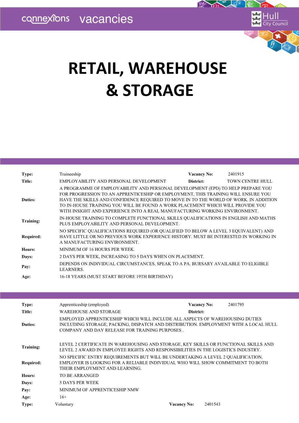 Retail, Warehouse