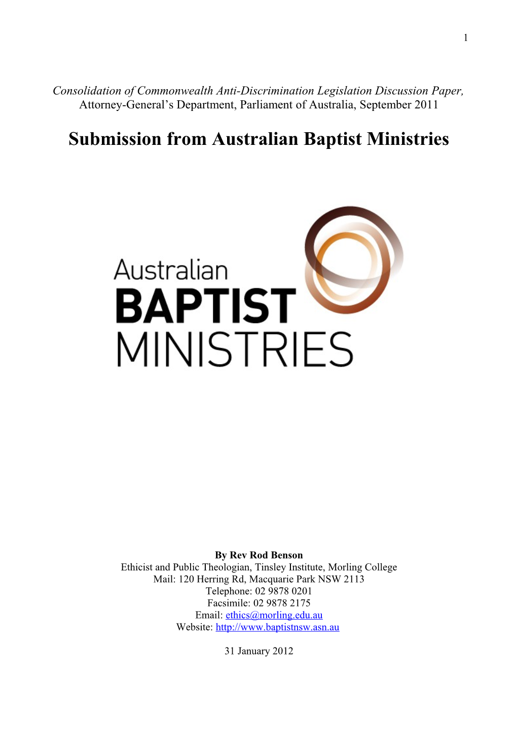 Submission on the Consolidation of Commonwealth Anti-Discrimination Laws - Australian Baptist