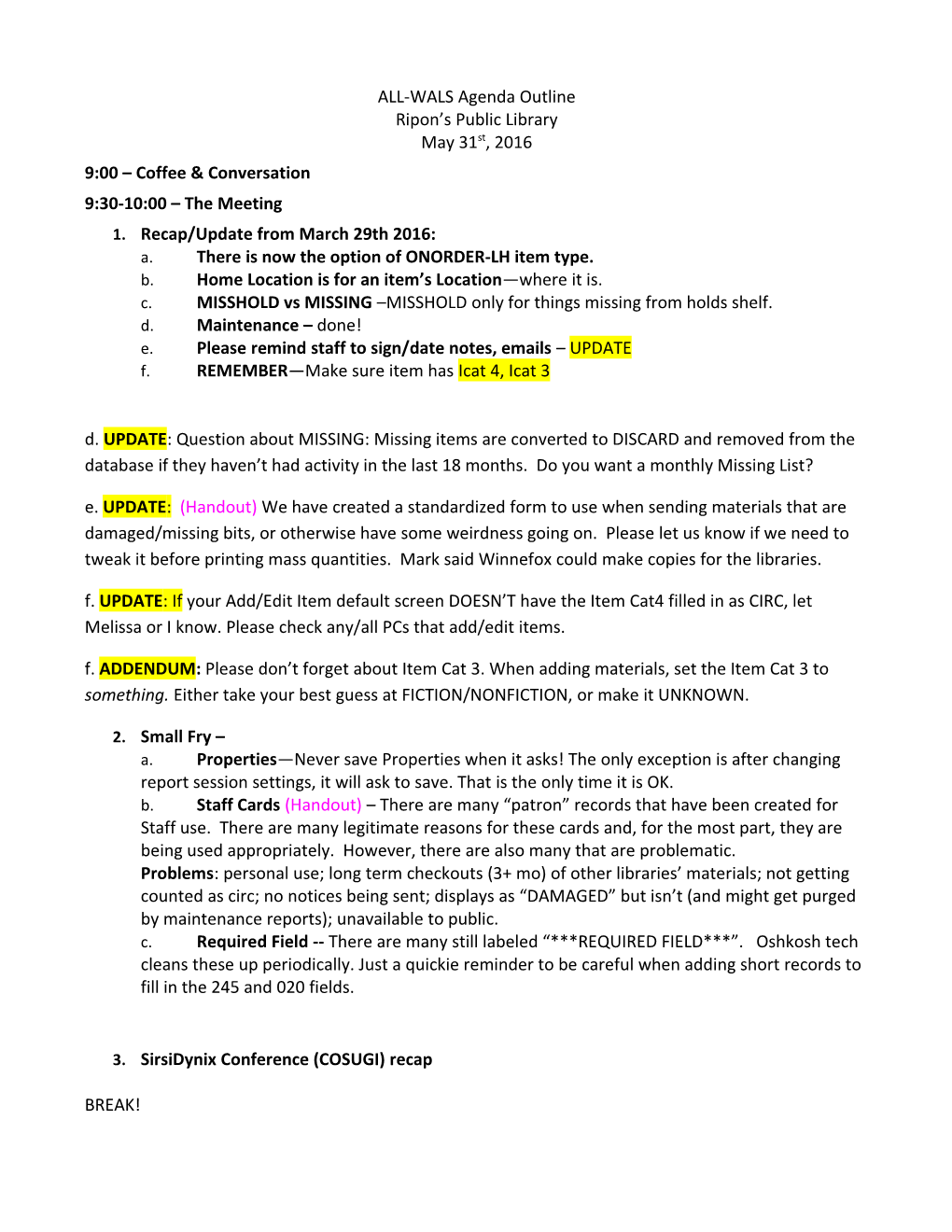 ALL-WALS Agenda Outline