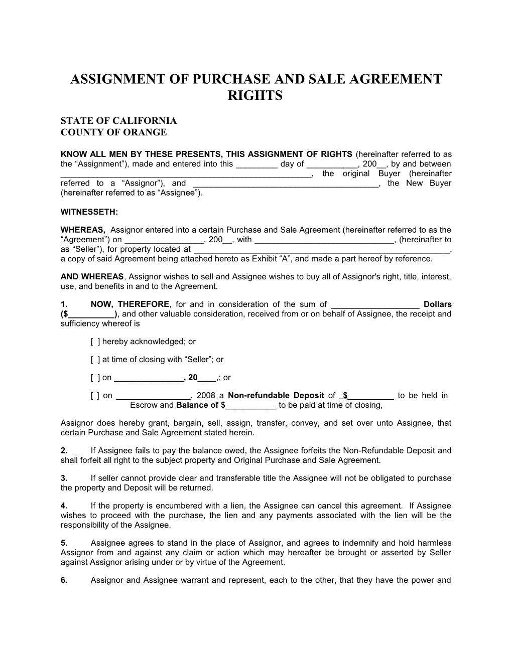 Assignment of Purchase and Sale Agreement Rights