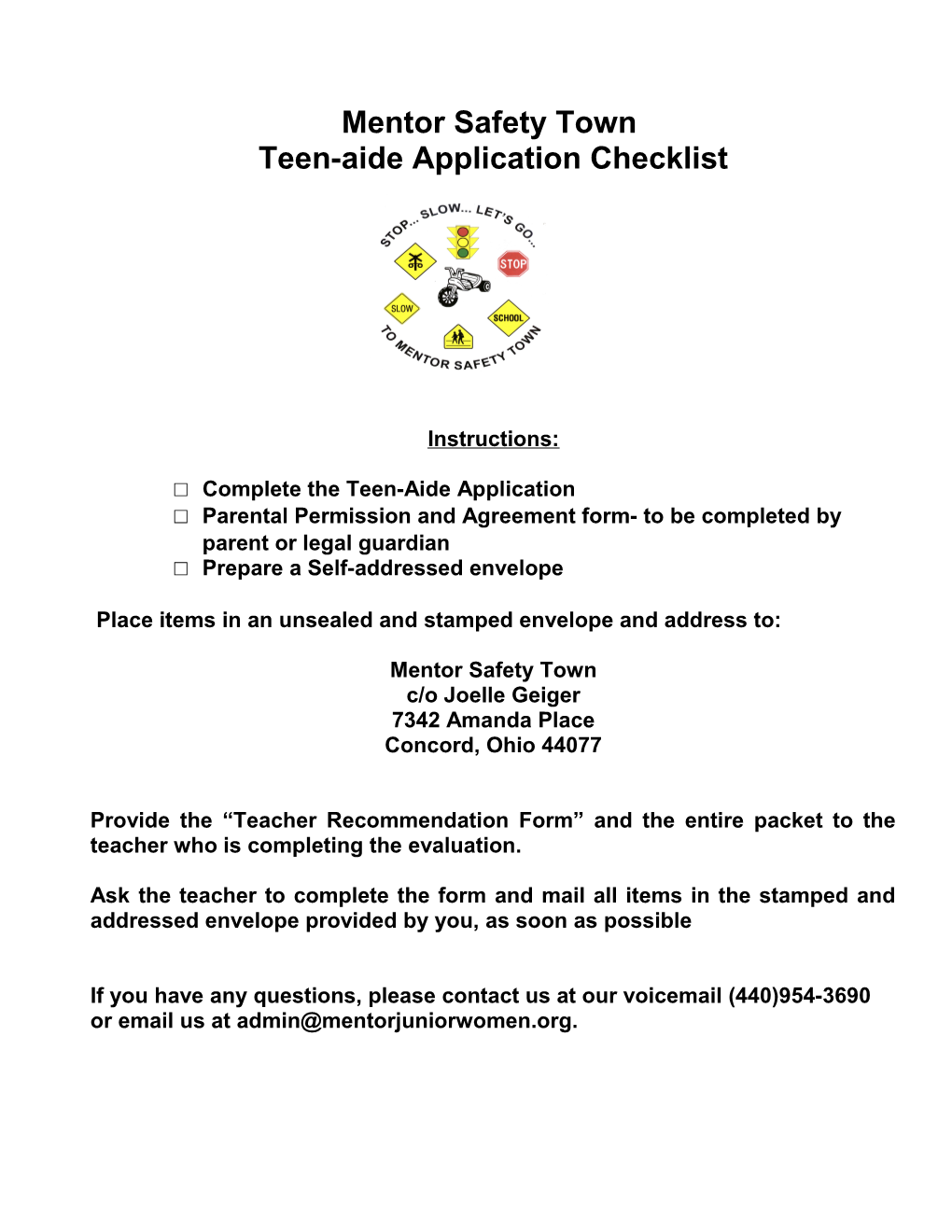 Mentor Safety Town Teen-Aide Application Checklist