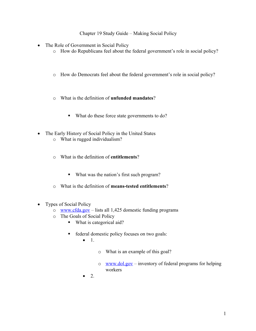 Chapter 19 Study Guide Making Social Policy