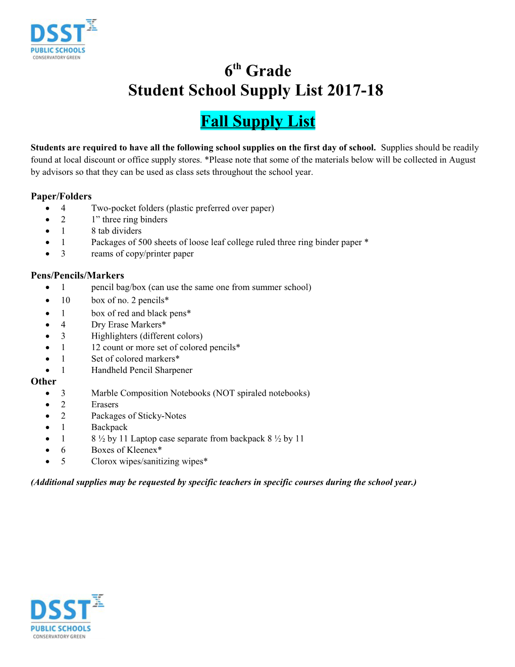 Student School Supply List 2017-18