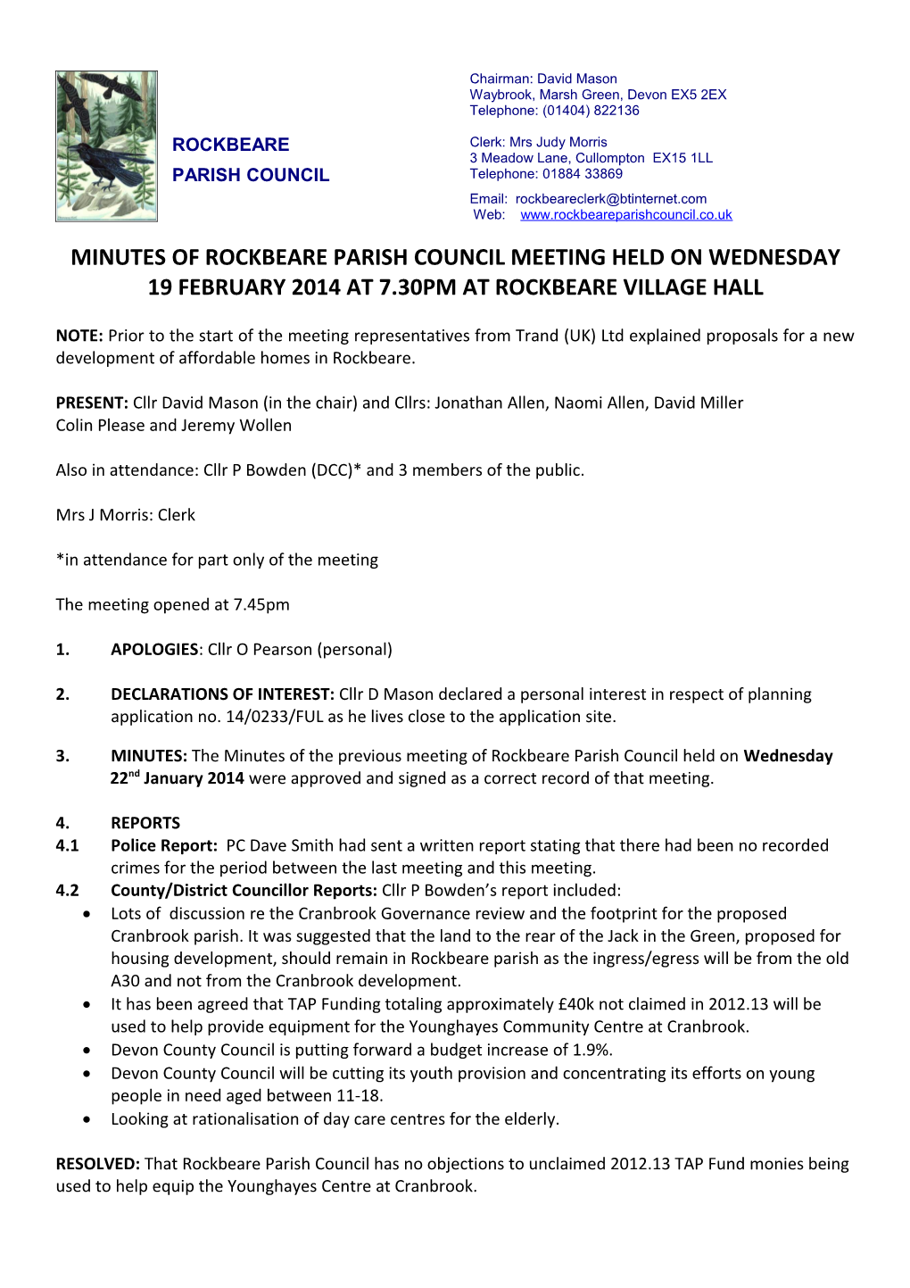 Minutes of Rockbeare Parish Council Meeting Held on Wednesday 19 February 2014 at 7.30Pm