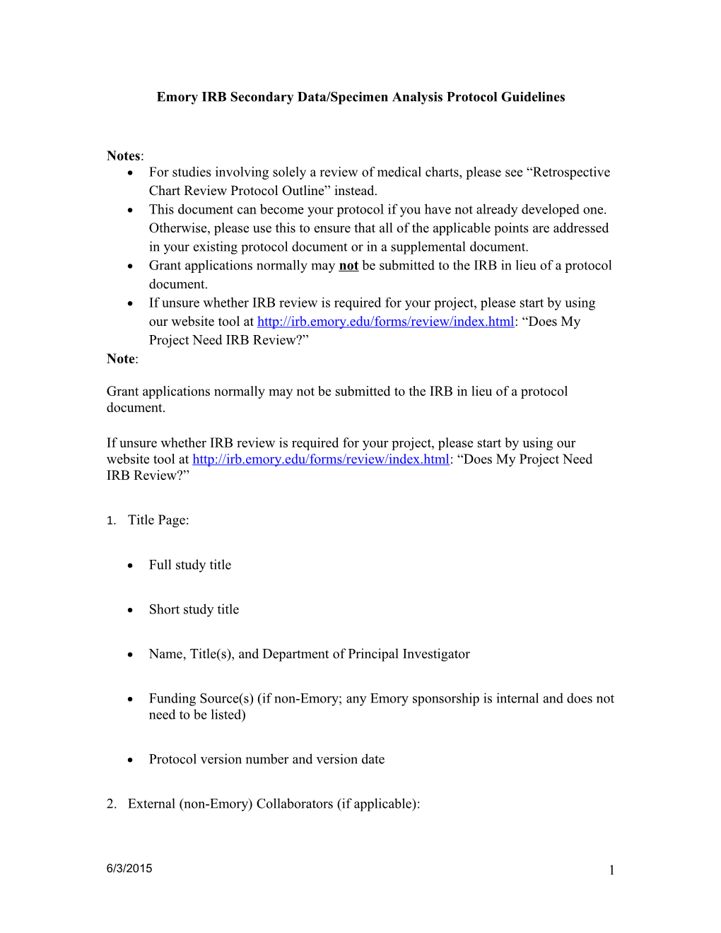 Emory IRB Secondary Data/Specimen Analysis Protocol Guidelines