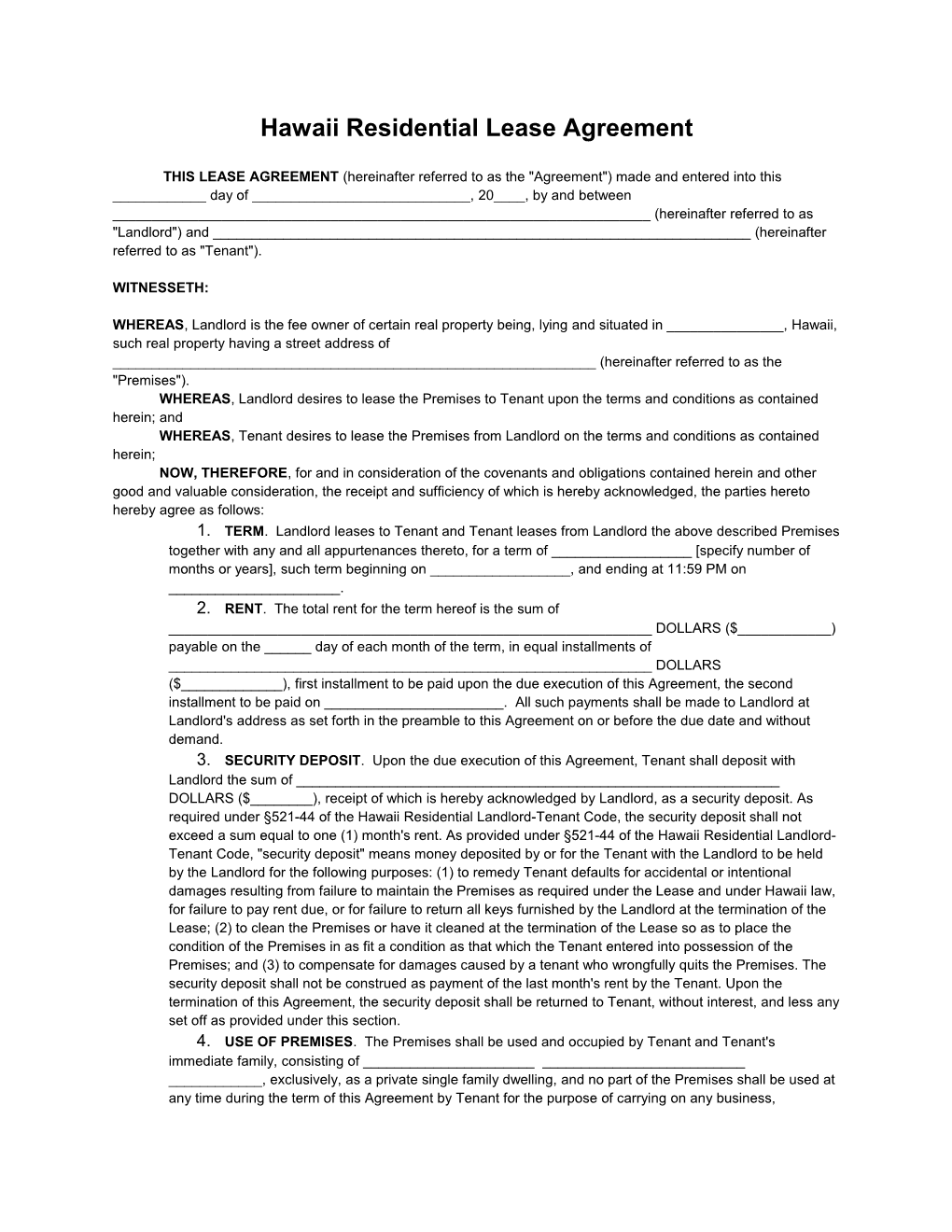 Hawaii Residential Lease Agreement