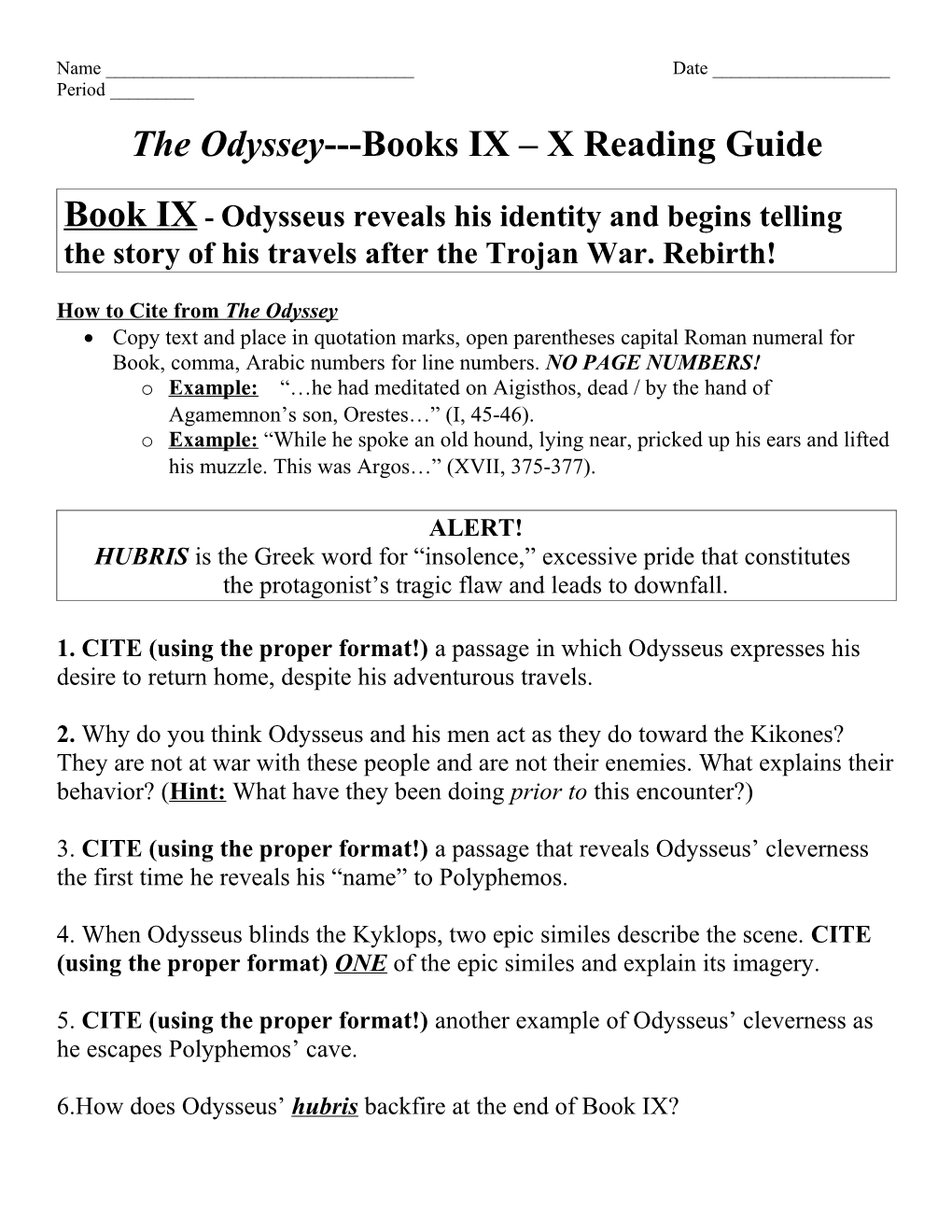 The Odyssey Books IX X Reading Guide