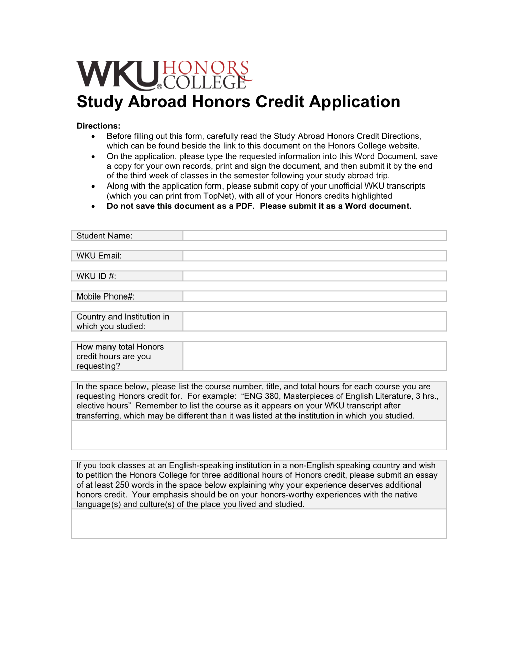 Study Abroad Honors Credit Application