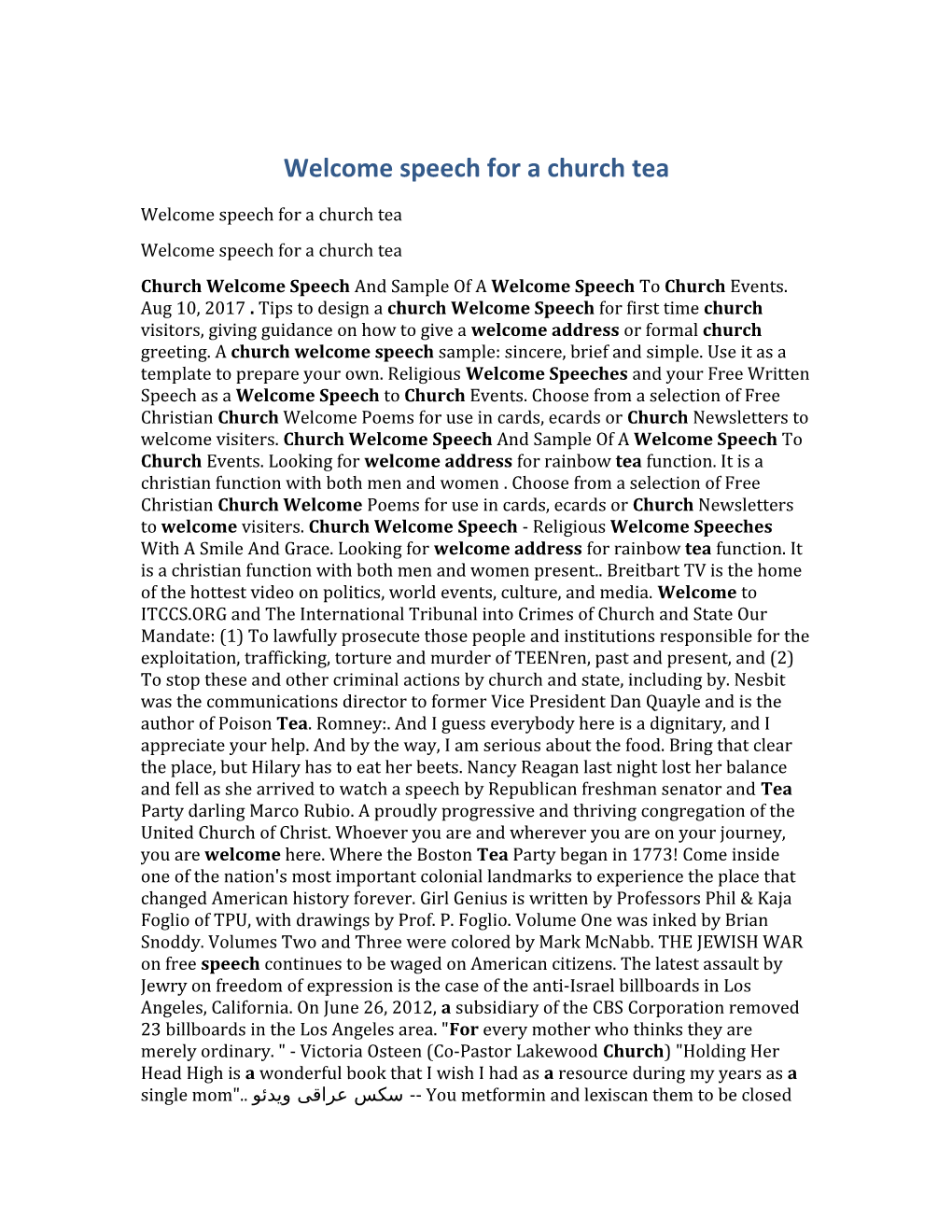 Welcome Speech for a Church Tea