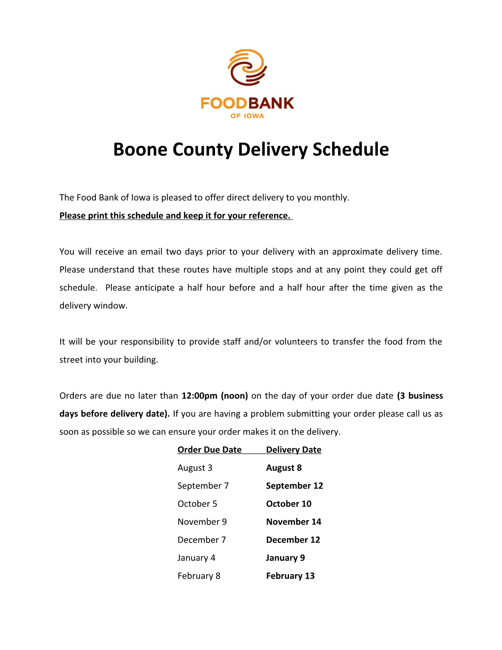 Boone County Delivery Schedule