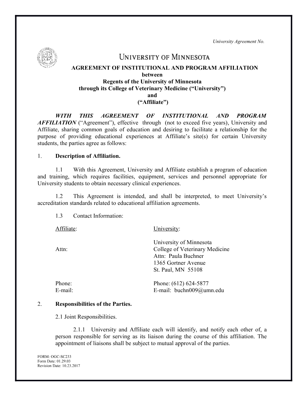 Agreement of Institutional and Program Affiliation