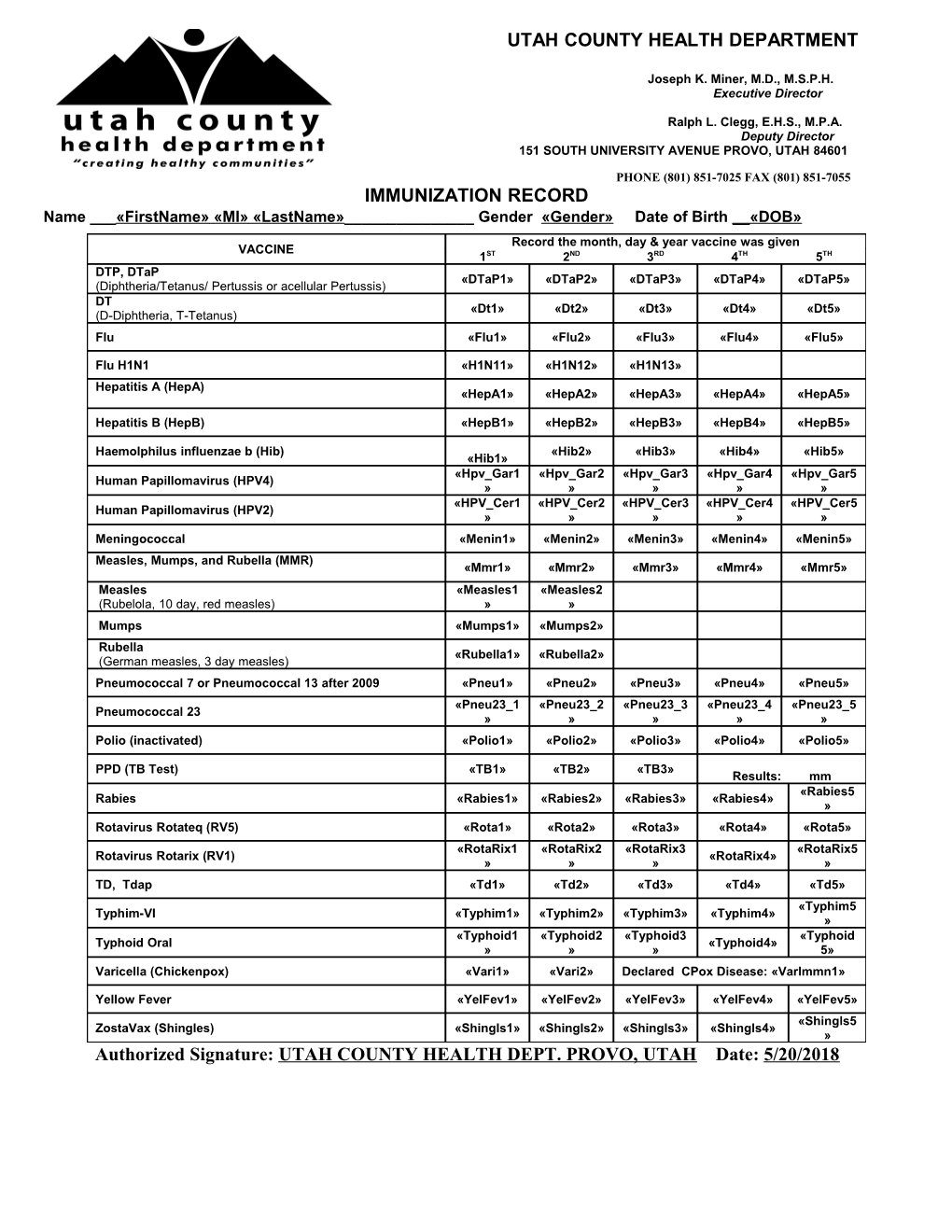 Utah School Immmunization Record