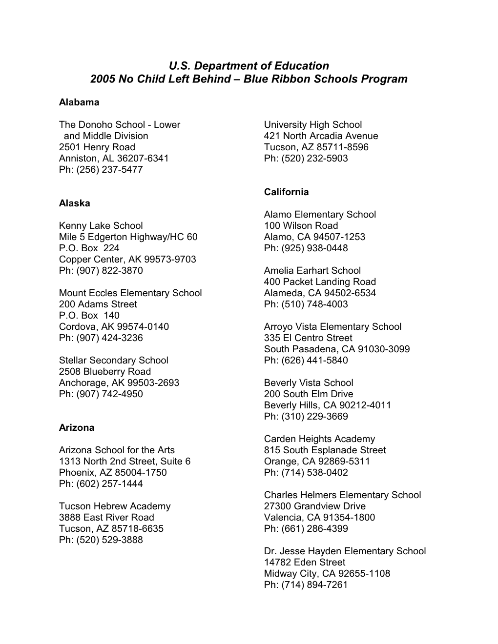 2005 No Child Left Behind - Blue Ribbon Schools (Msword)