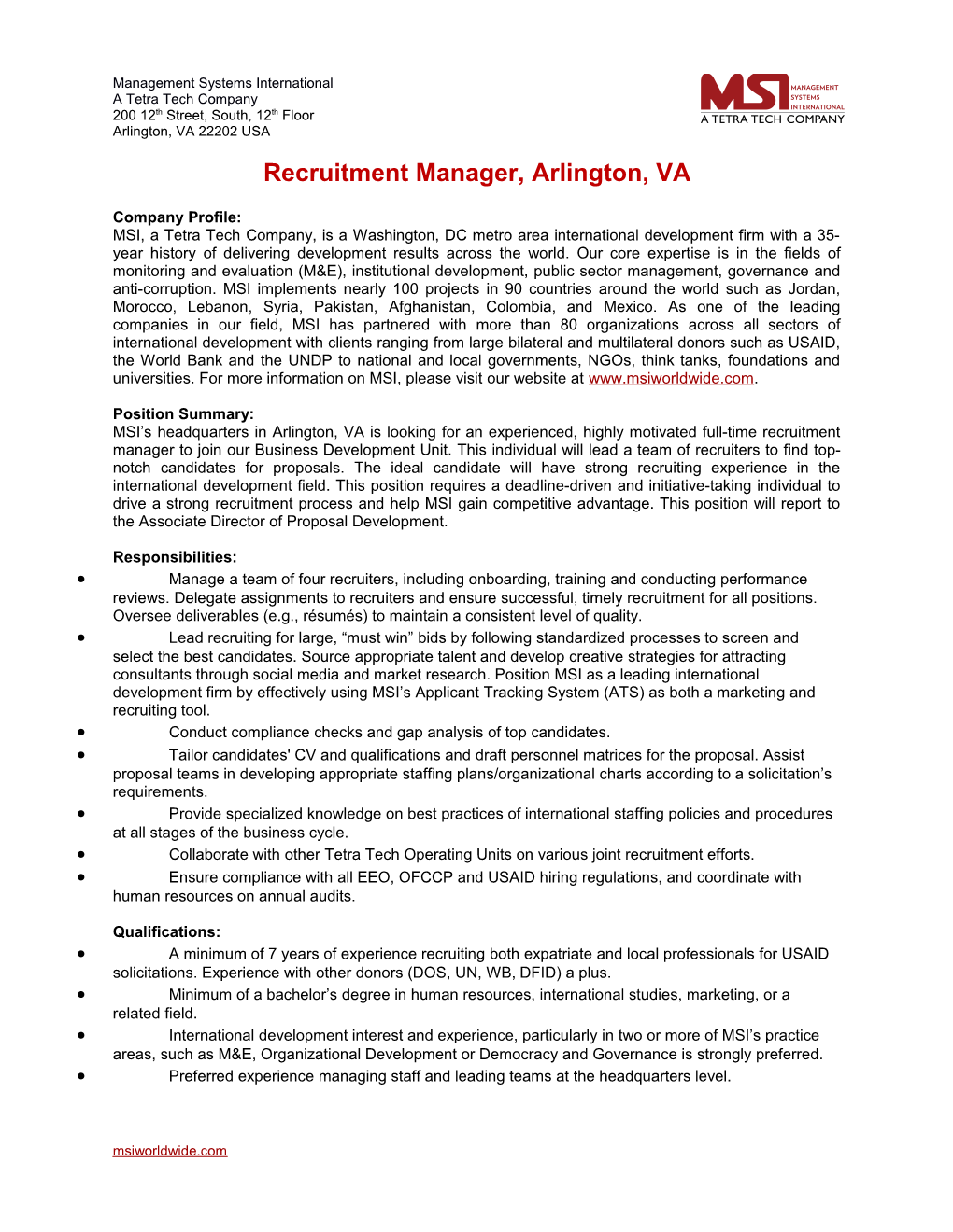 Recruitment Manager, Ar Lington, VA