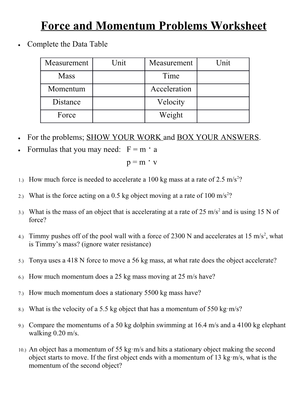 Force and Momentum Problems Worksheet