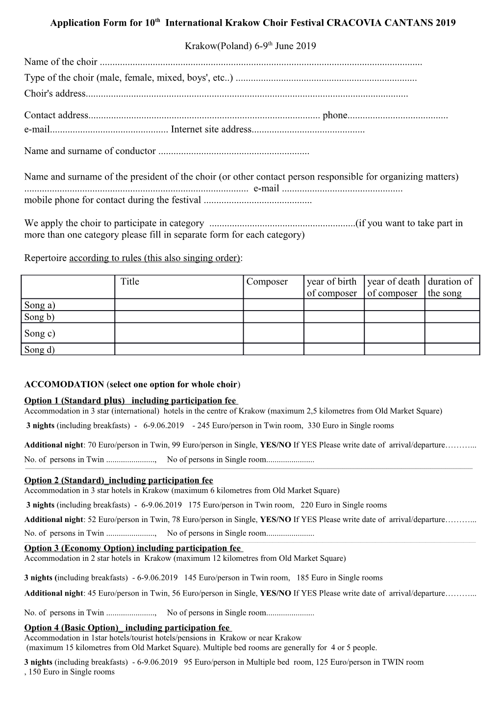 Application Form to International Warsaw Choir Festival